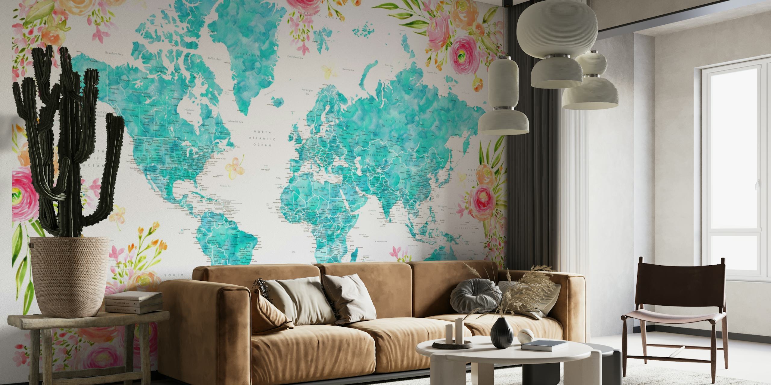 Yksityiskohtainen maailmankartta, jossa on turkoosin ja pastellin sävyisiä kukkareunuksia seinämaalauksessa.