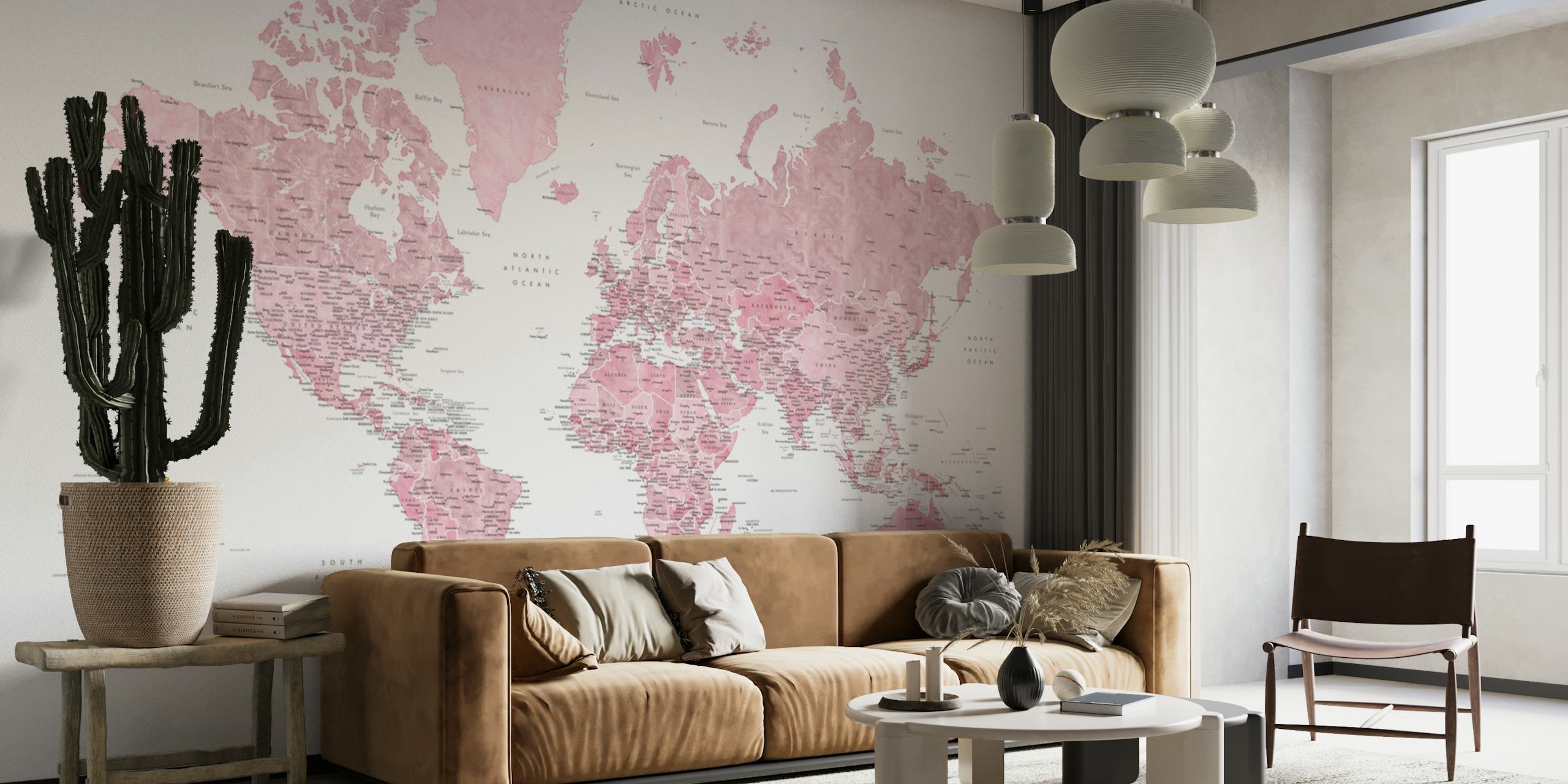 Detailed world map in pink tones wall mural