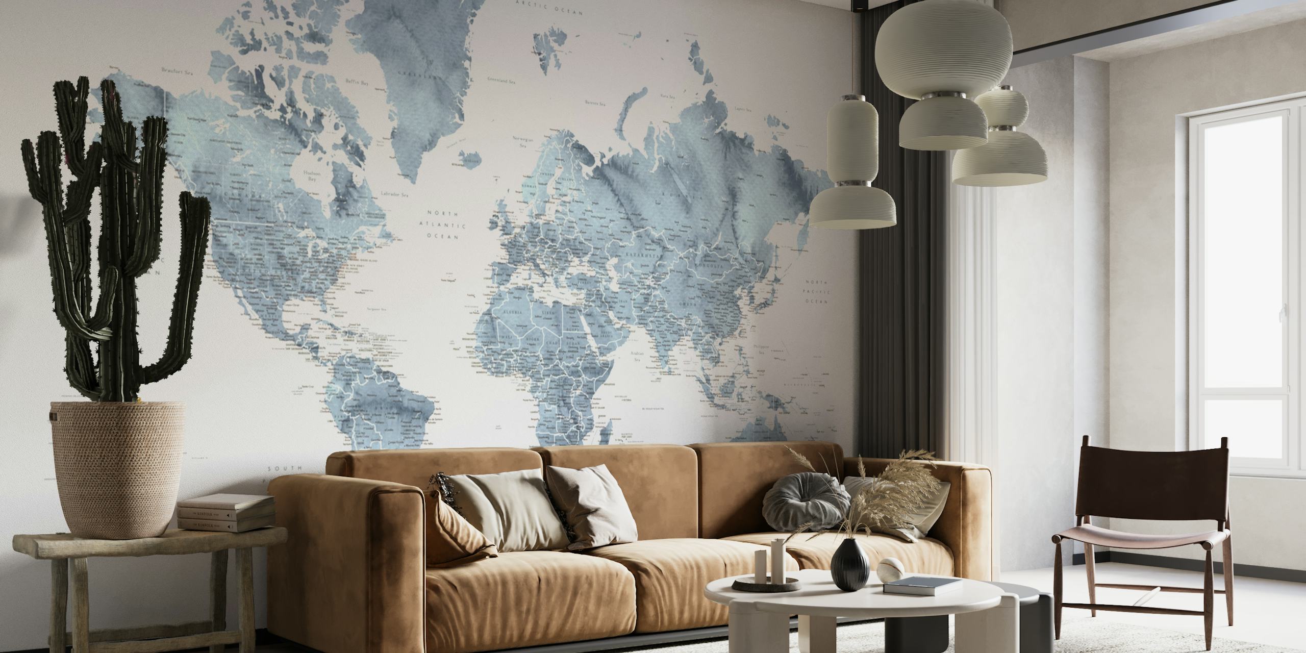 Detailed laser-cut style world map wall mural in monochrome