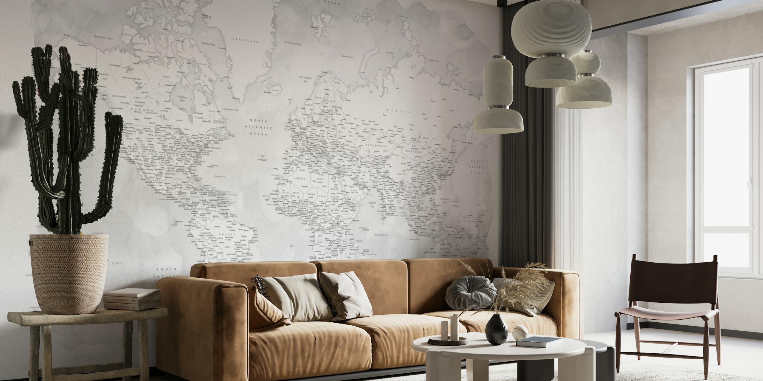 Grey detailed world map with labeled countries and continents wallpaper