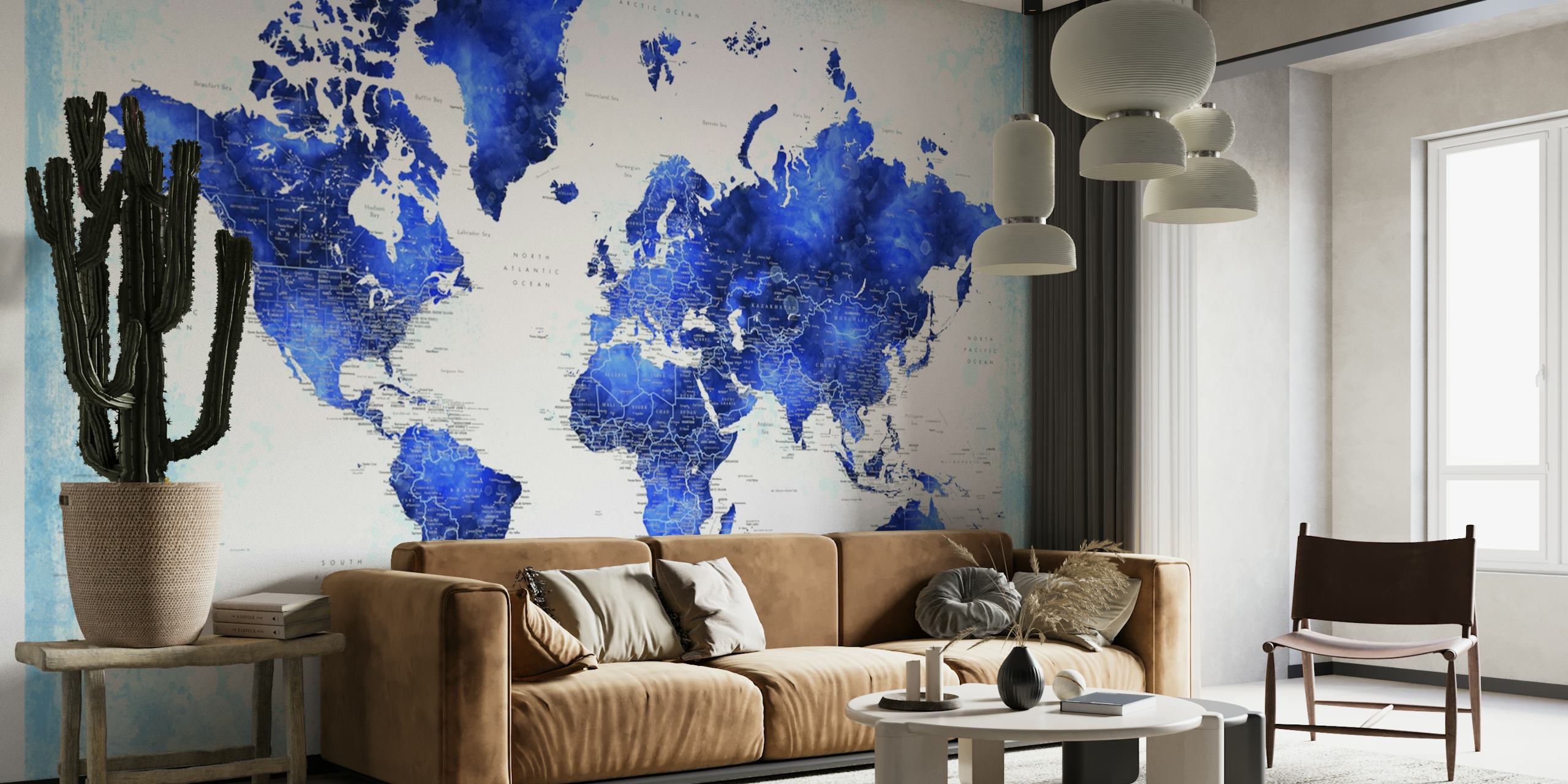Gedetailleerde wereldkaart Georgino muurschildering in blauwe tinten