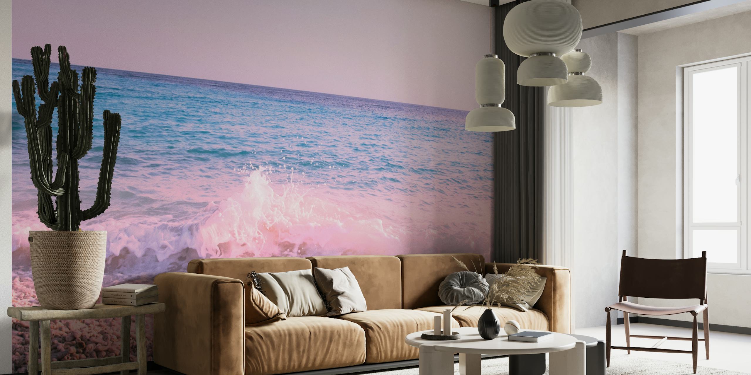Tropical ocean waves with pink tint wallpaper