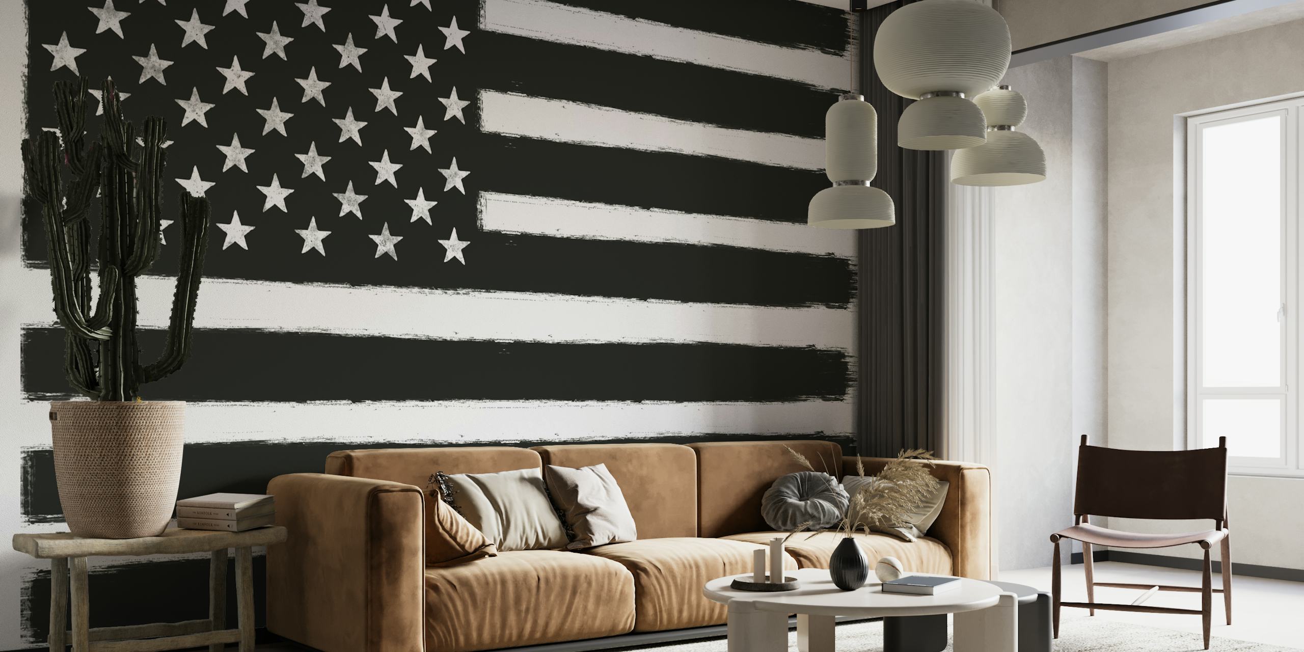Black and white depiction of American flag wallpaper mural