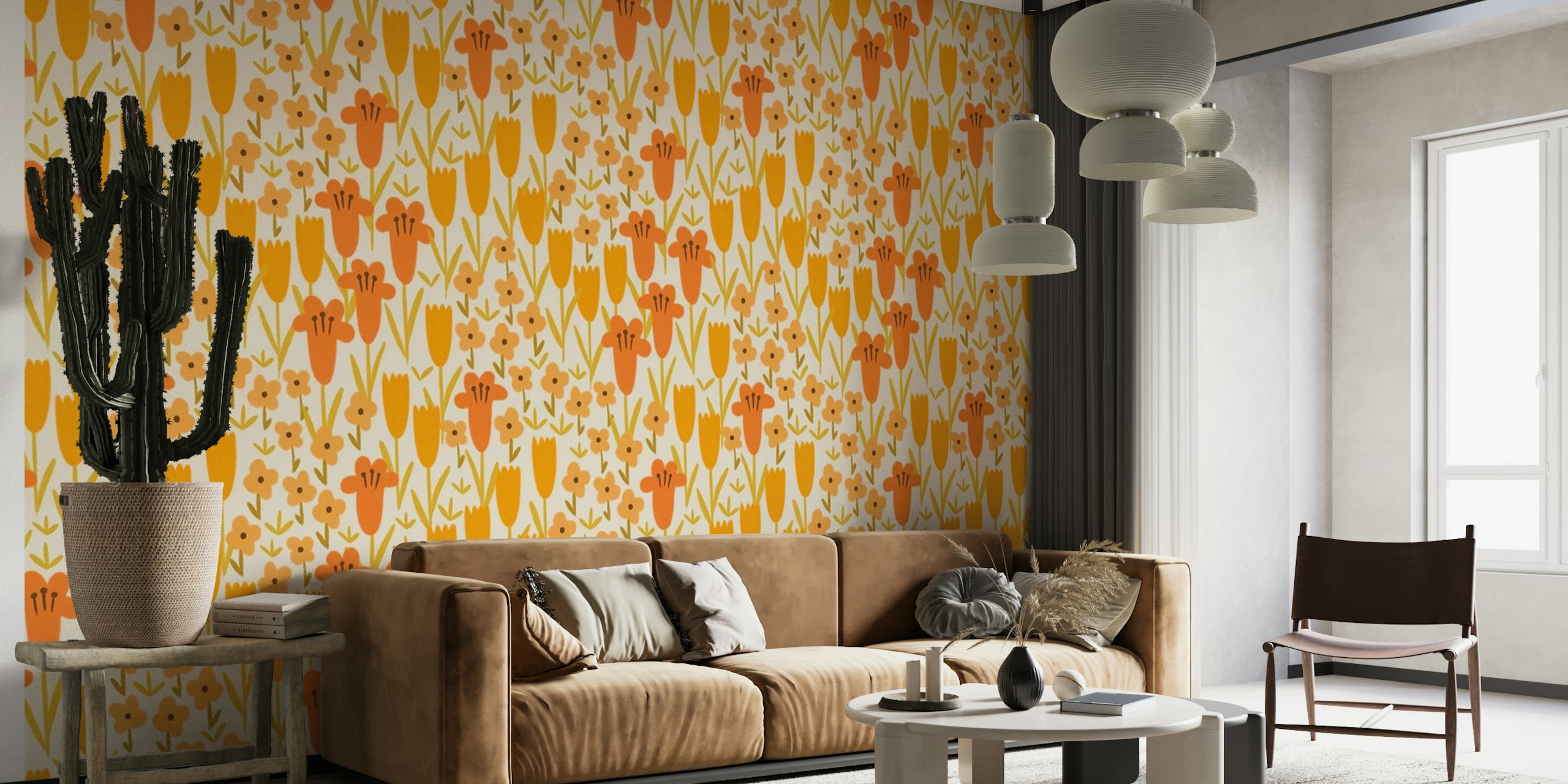 fotomural vinílico de parede com padrão floral laranja e detalhes verdes