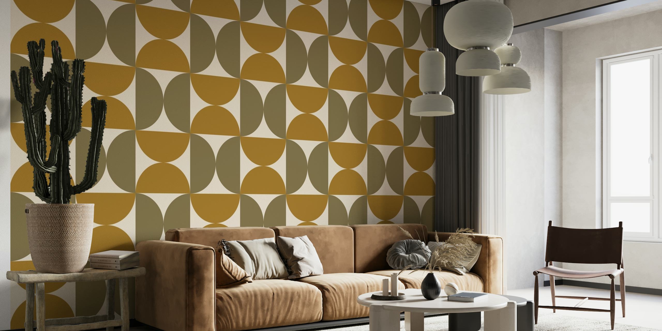 Geometric pattern wallpaper in gold, beige, and white, mid-century style