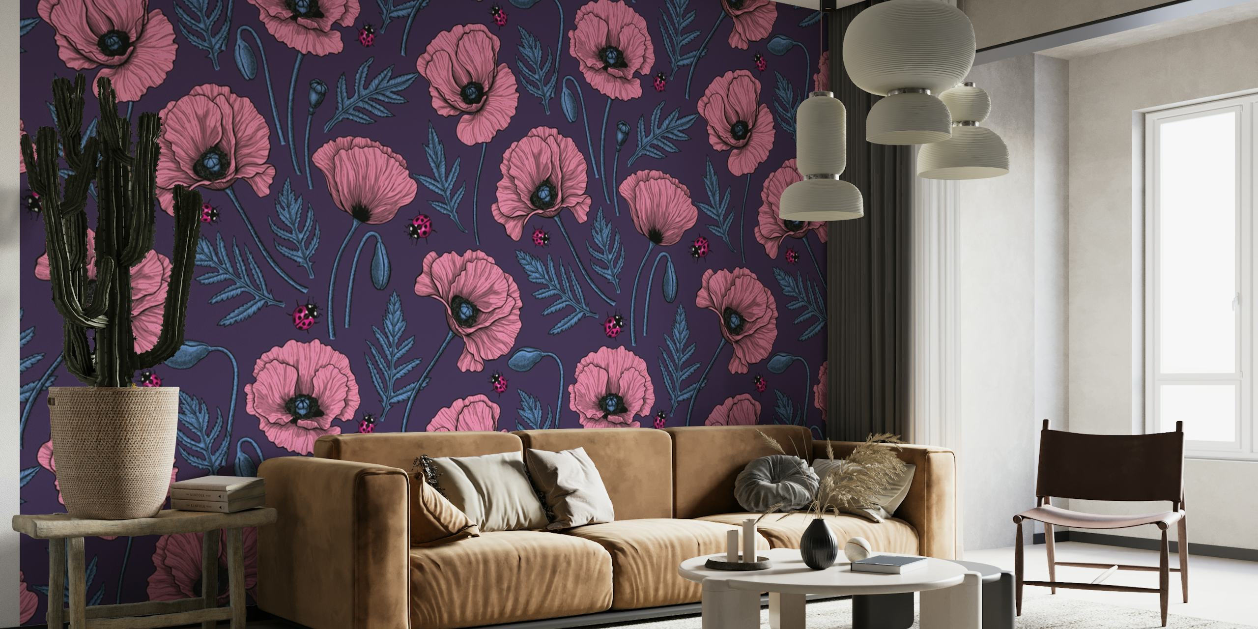 Pink poppies and ladybugs wallpaper