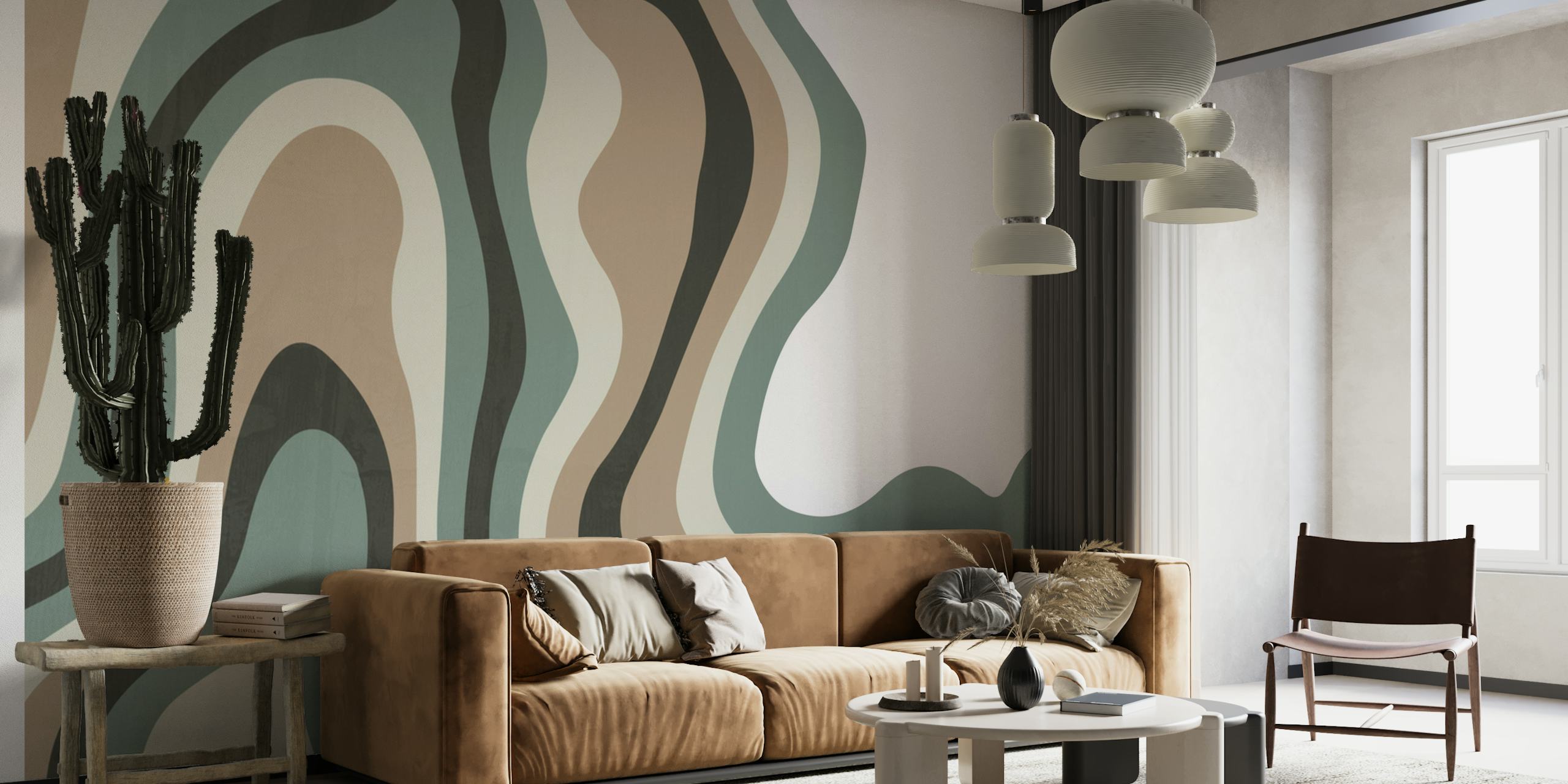 Abstract Organic VII wall mural with fluid shapes in green, taupe, and black