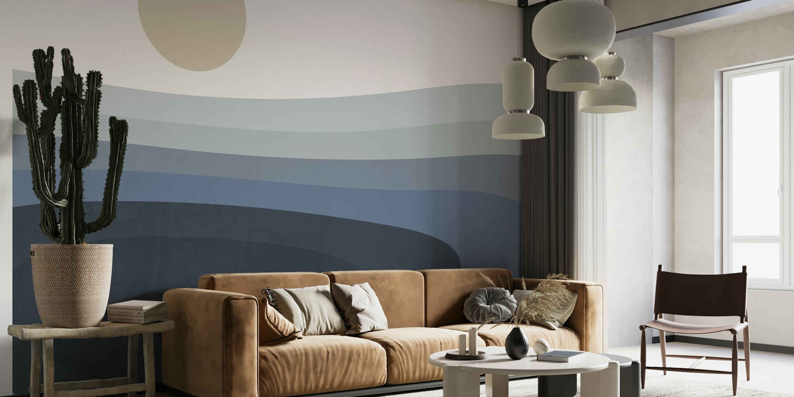 Abstract Landscape 2 wall mural with blue shades and sun illustration