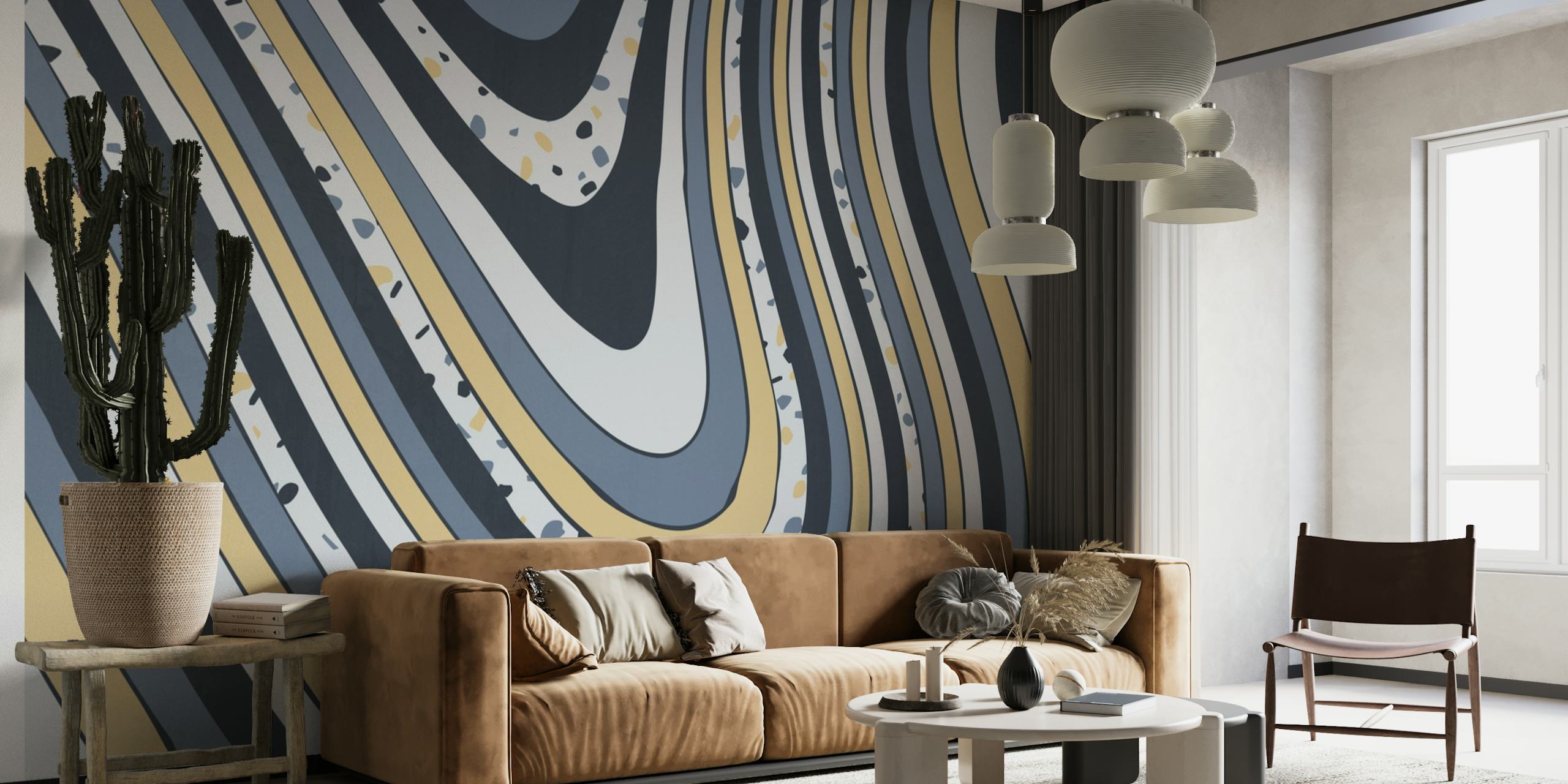 Mural de parede abstrato Organic XIV com linhas rodopiantes em cinza, creme, dourado e preto