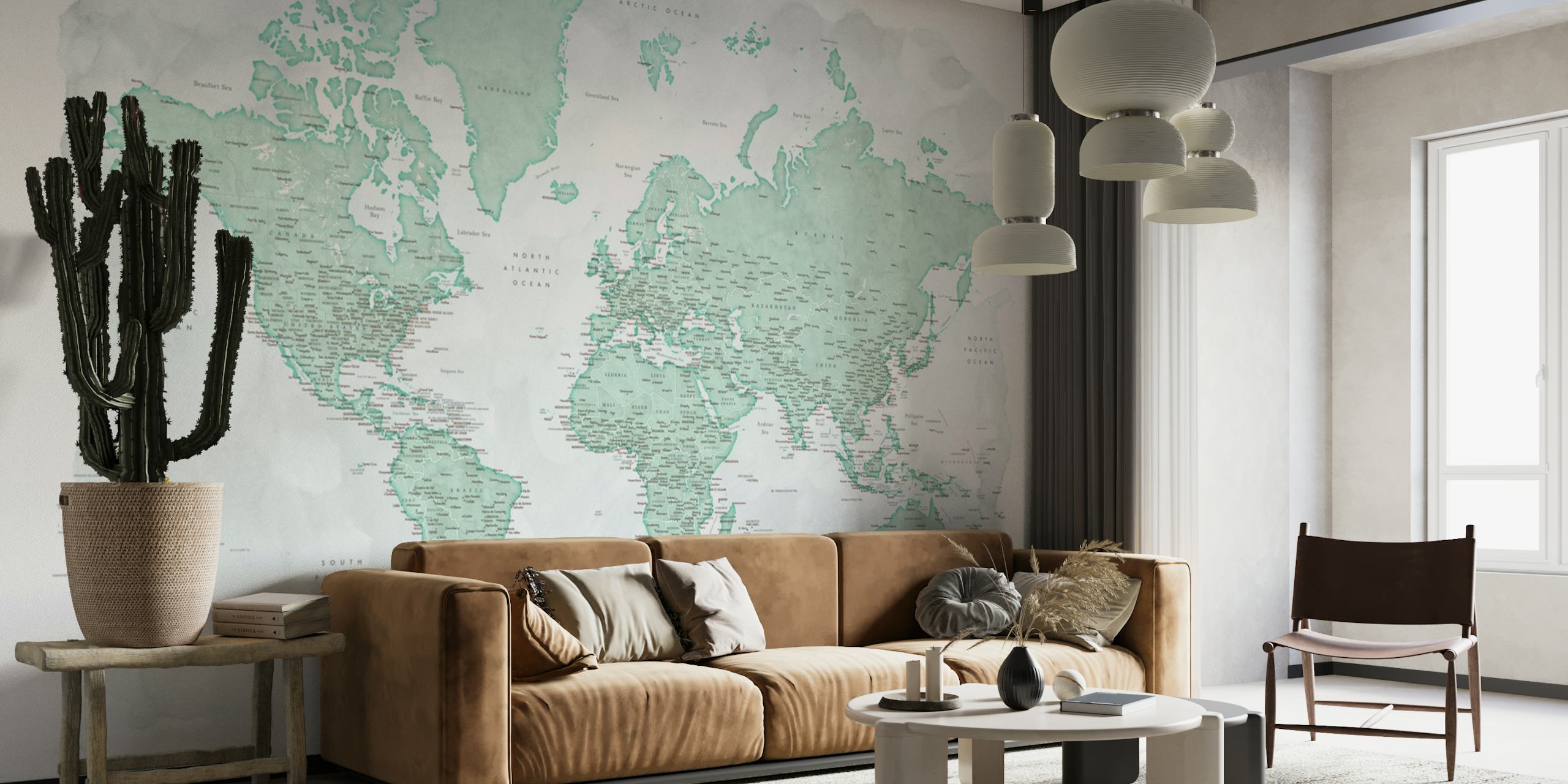 Papel de parede do mapa mundial detalhado Uzuri em um quarto