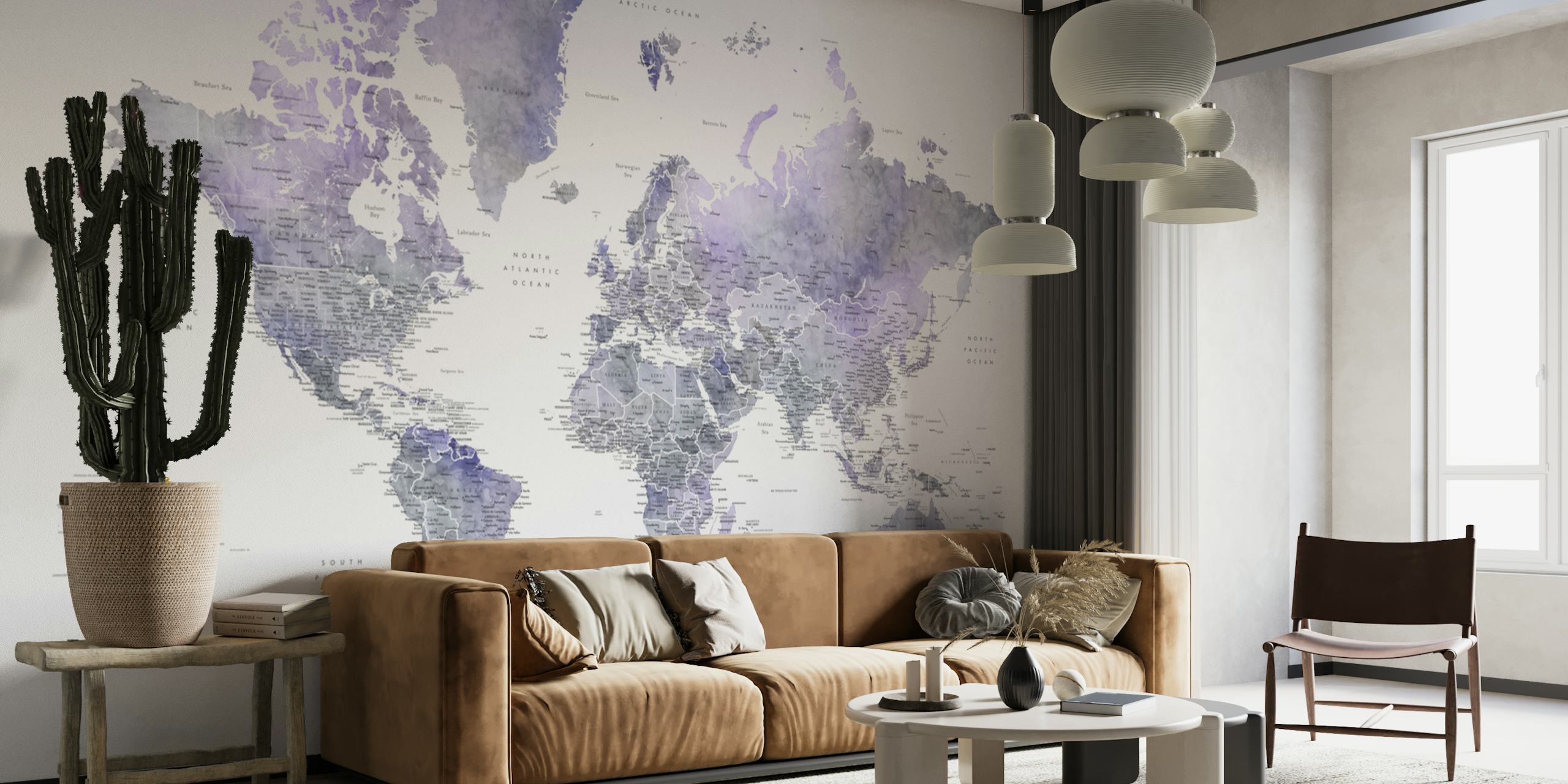 Purple and gray watercolor world map wallpaper