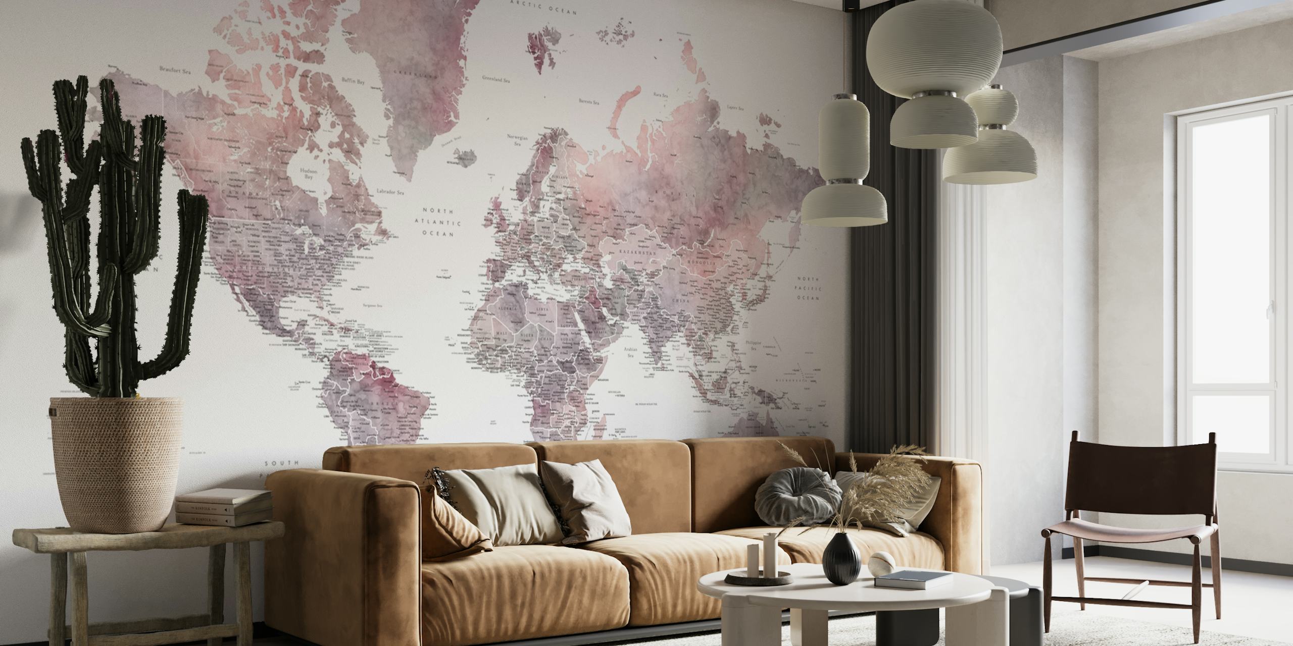 World map with pink watercolor effect wallpaper