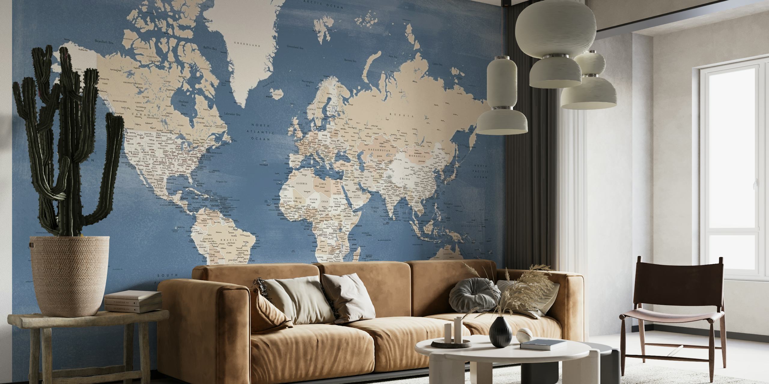 Vintage-style world map wall mural on a blue background
