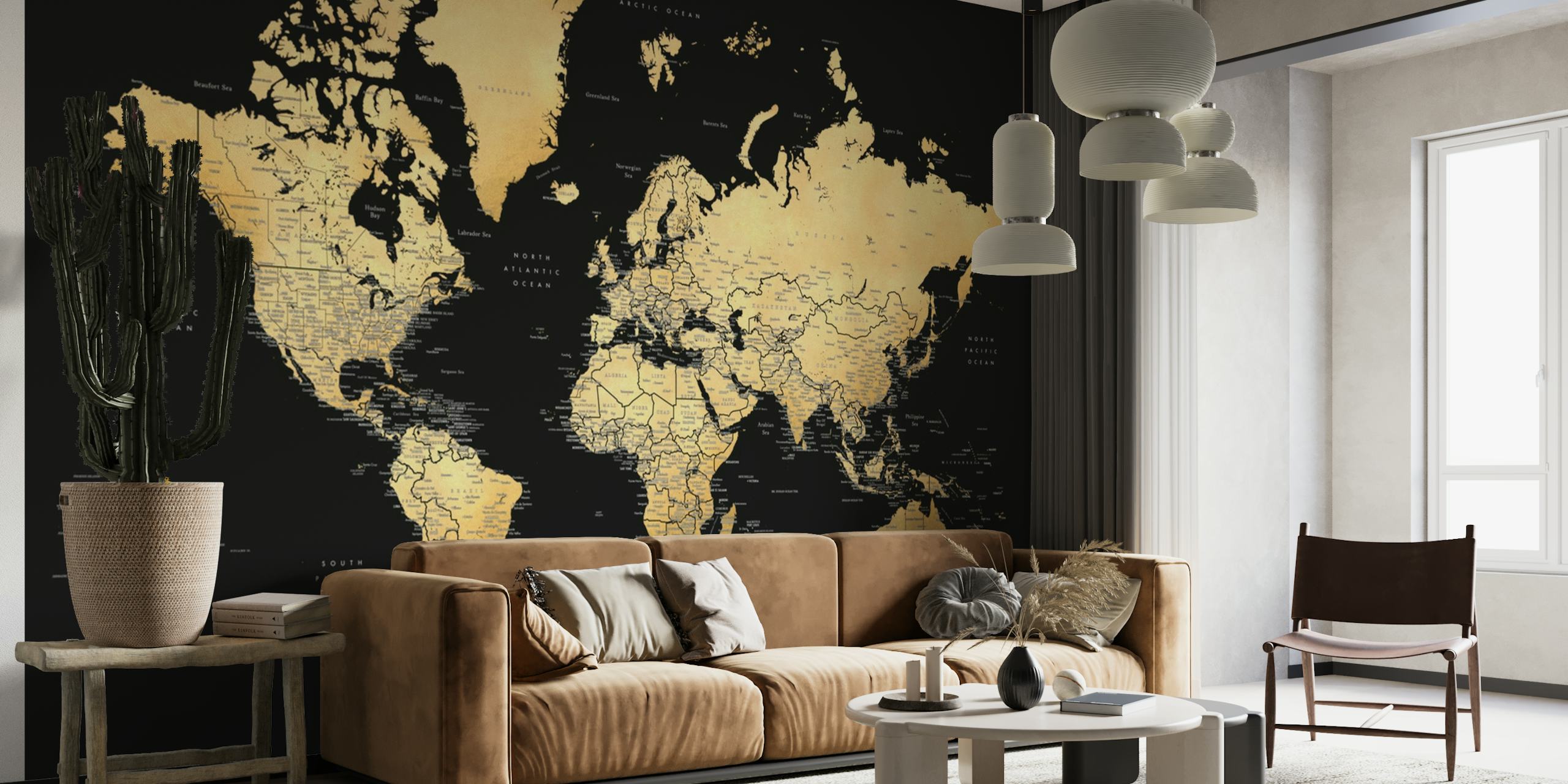 Elegant vægmaleri på verdenskort i rige sepia-toner med detaljerede etiketter