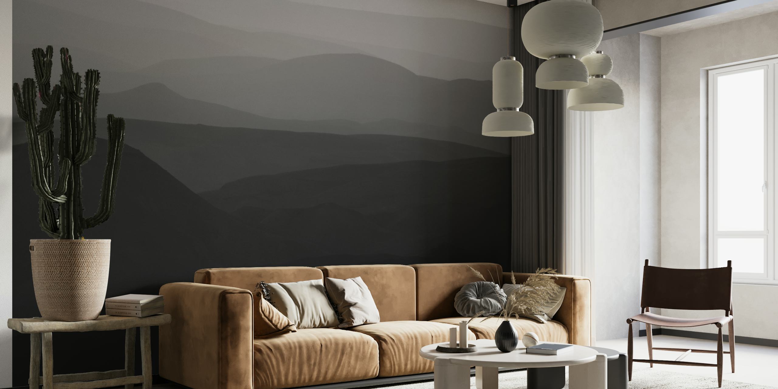 Svart og hvitt veggmaleri som viser de bølgende åsene i Judea-ørkenen