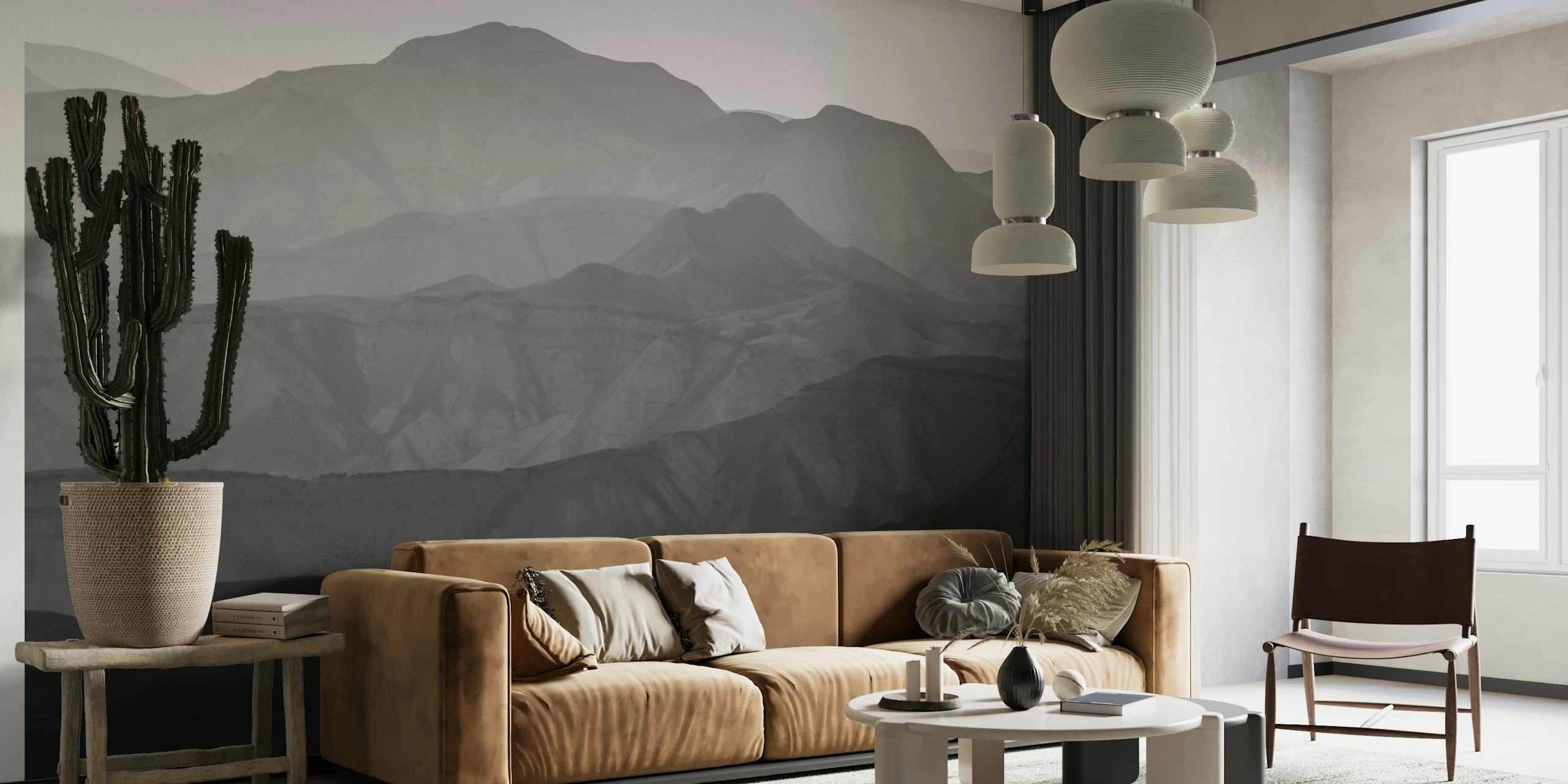 Monochrome wall mural of the Judean Desert mountains adding tranquility to interior decor