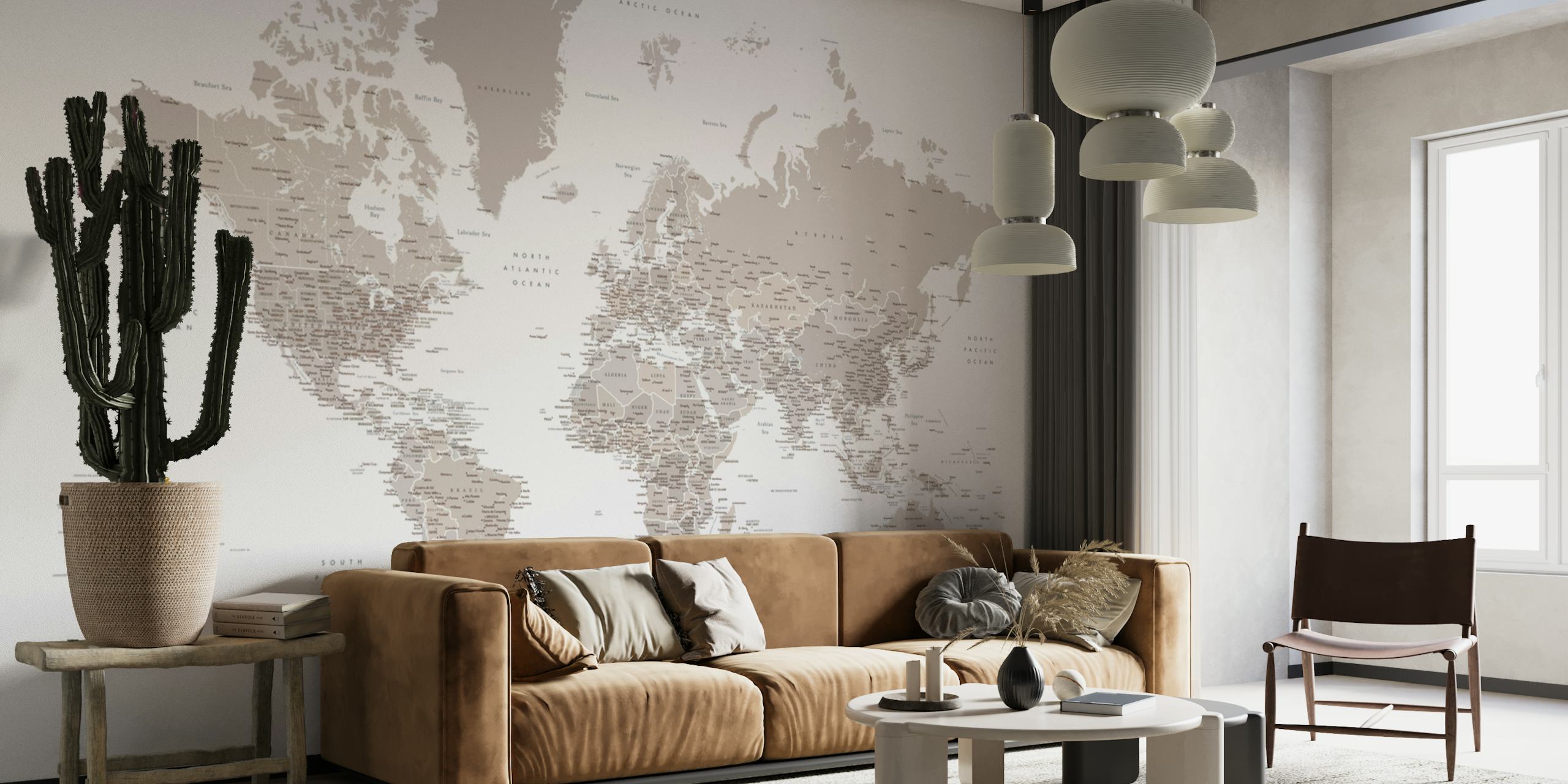 Detailed world map in light brown tones wallpaper