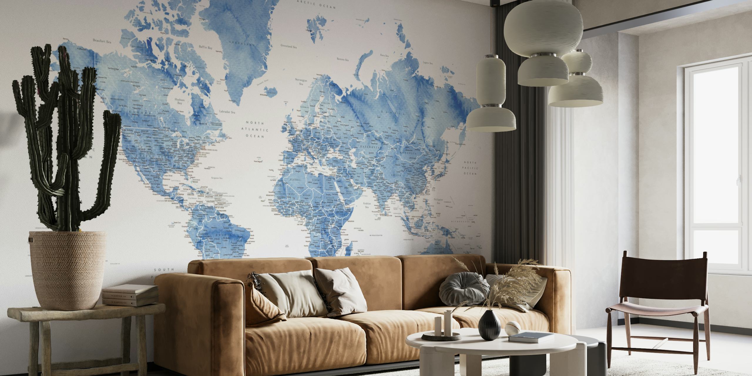 Papier peint de carte du monde détaillée dans une pièce
