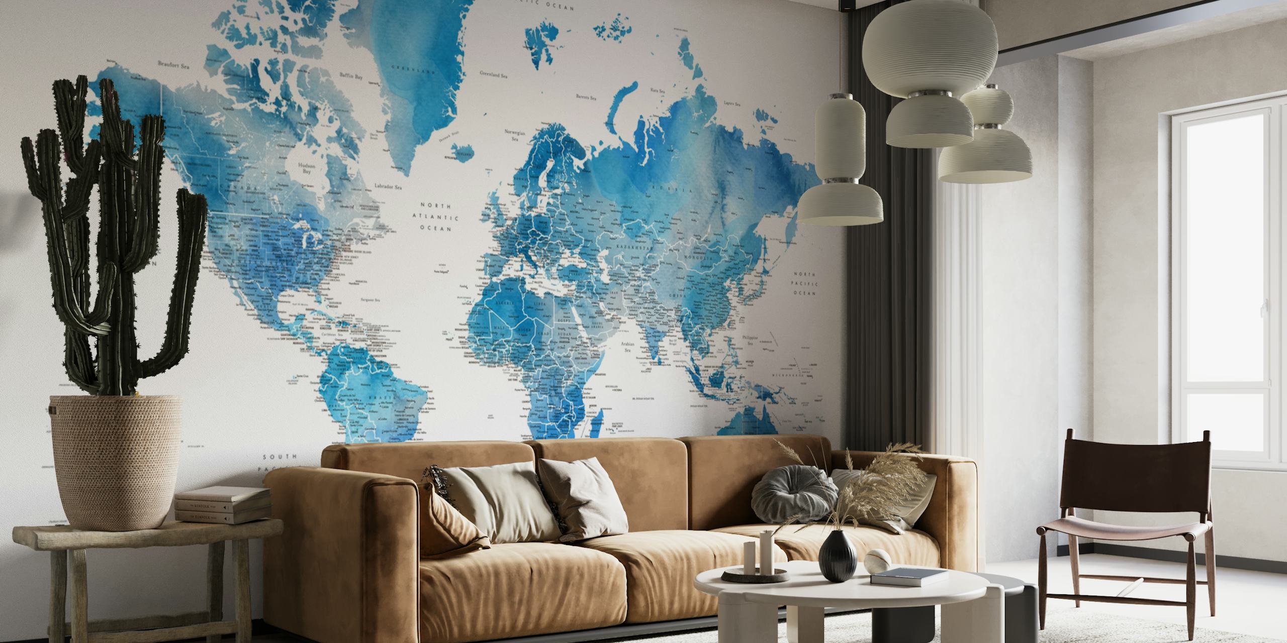 World map in blue watercolor tones wall mural