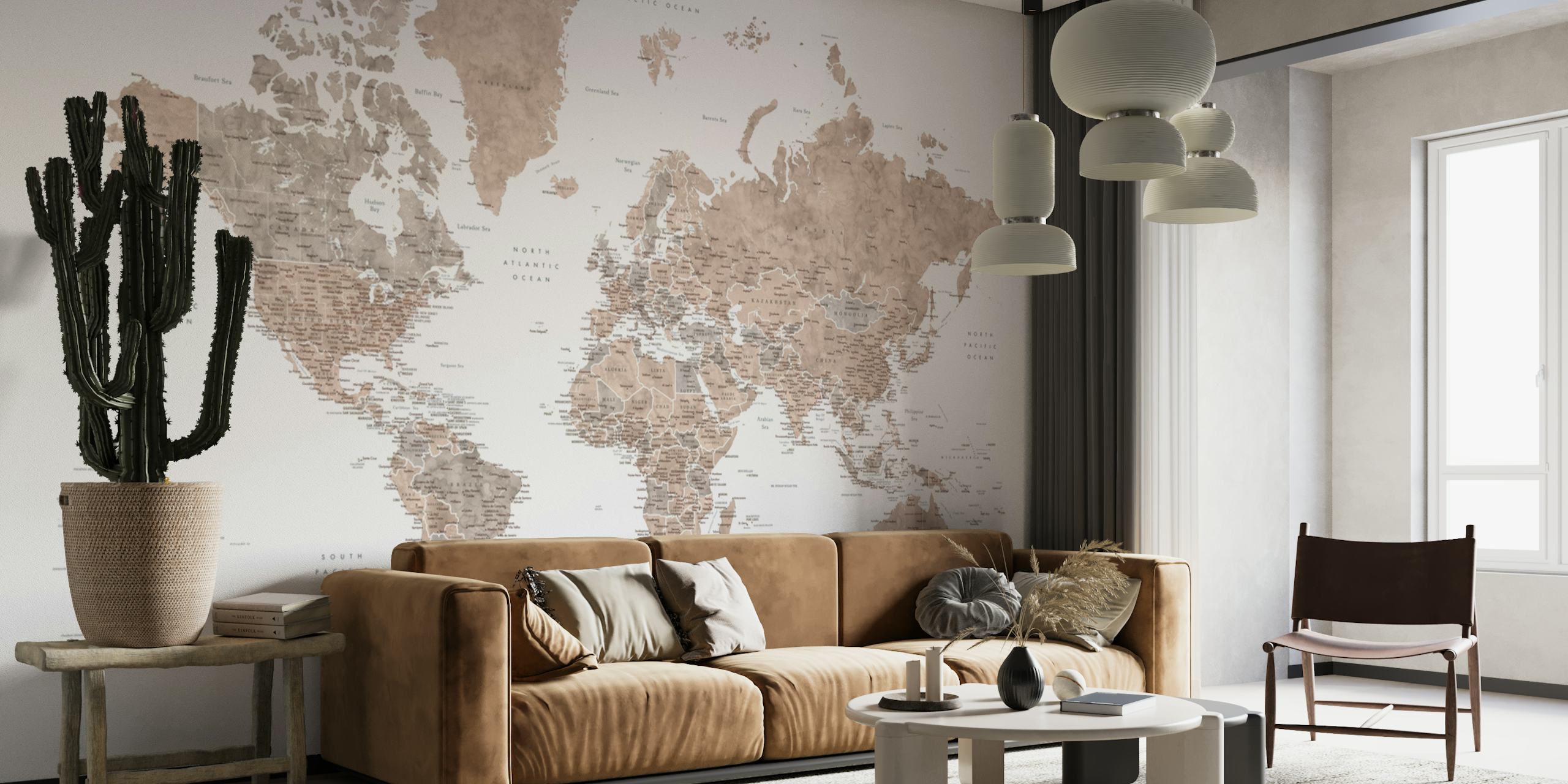 Detailed sepia-toned world map wall mural perfect for educational or decorative purposes in a variety of rooms