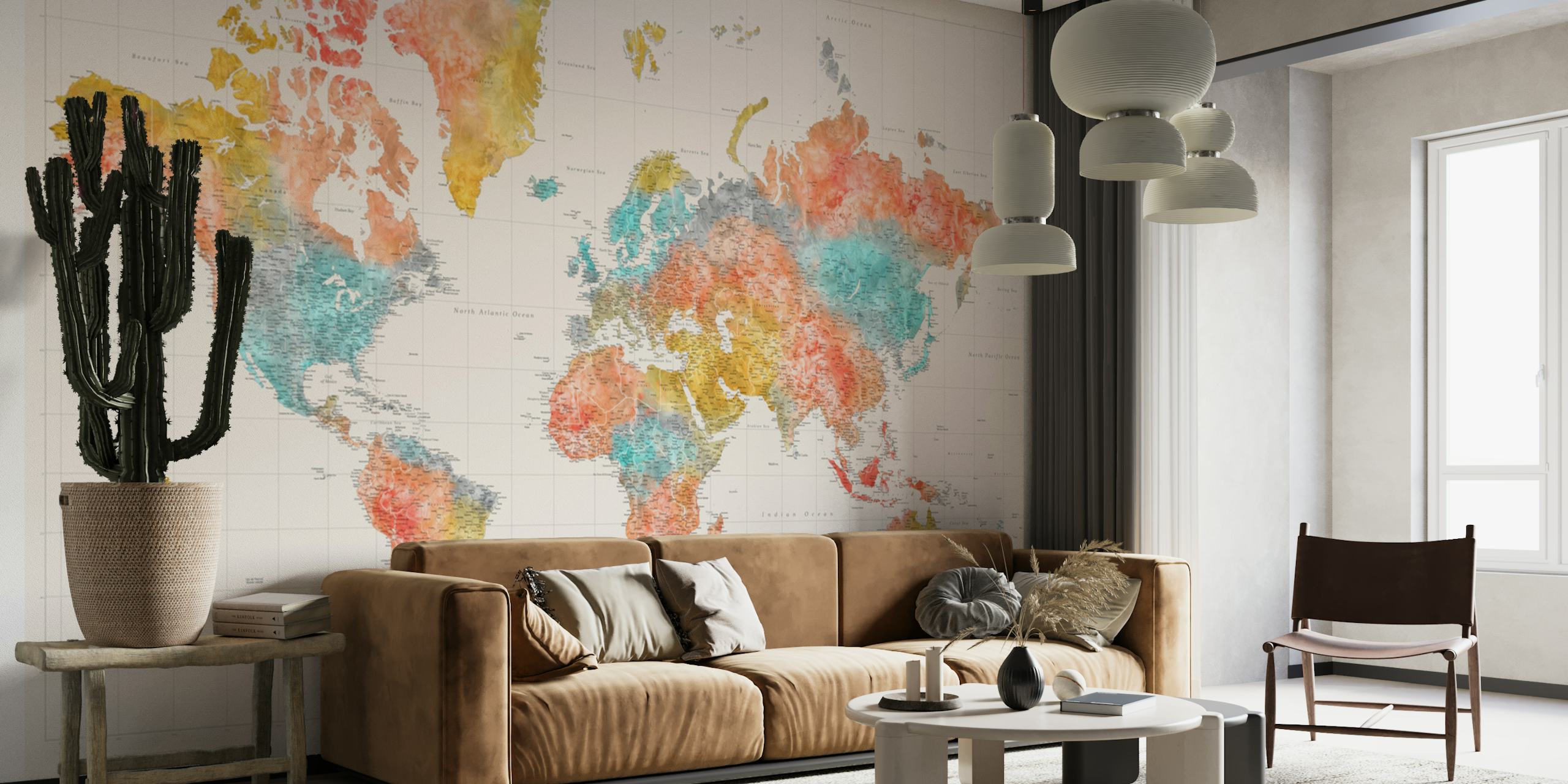 Colorful watercolor Adventure World Map mural for walls