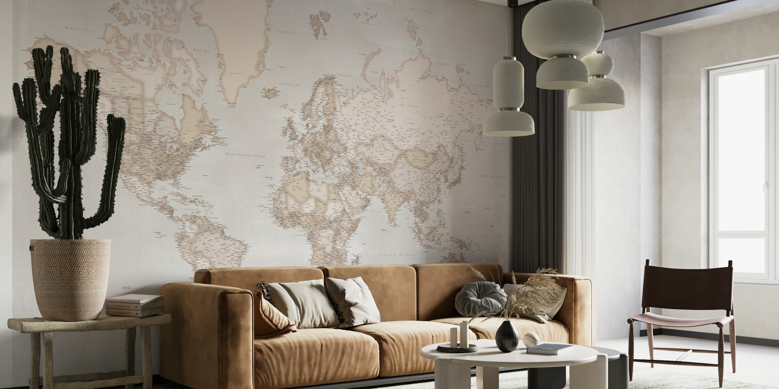 Tyylikäs maailman kartta seinämaalaus nimeltä Wanderlust maailman kartta LucilleHD, jossa lukee Wanderlust