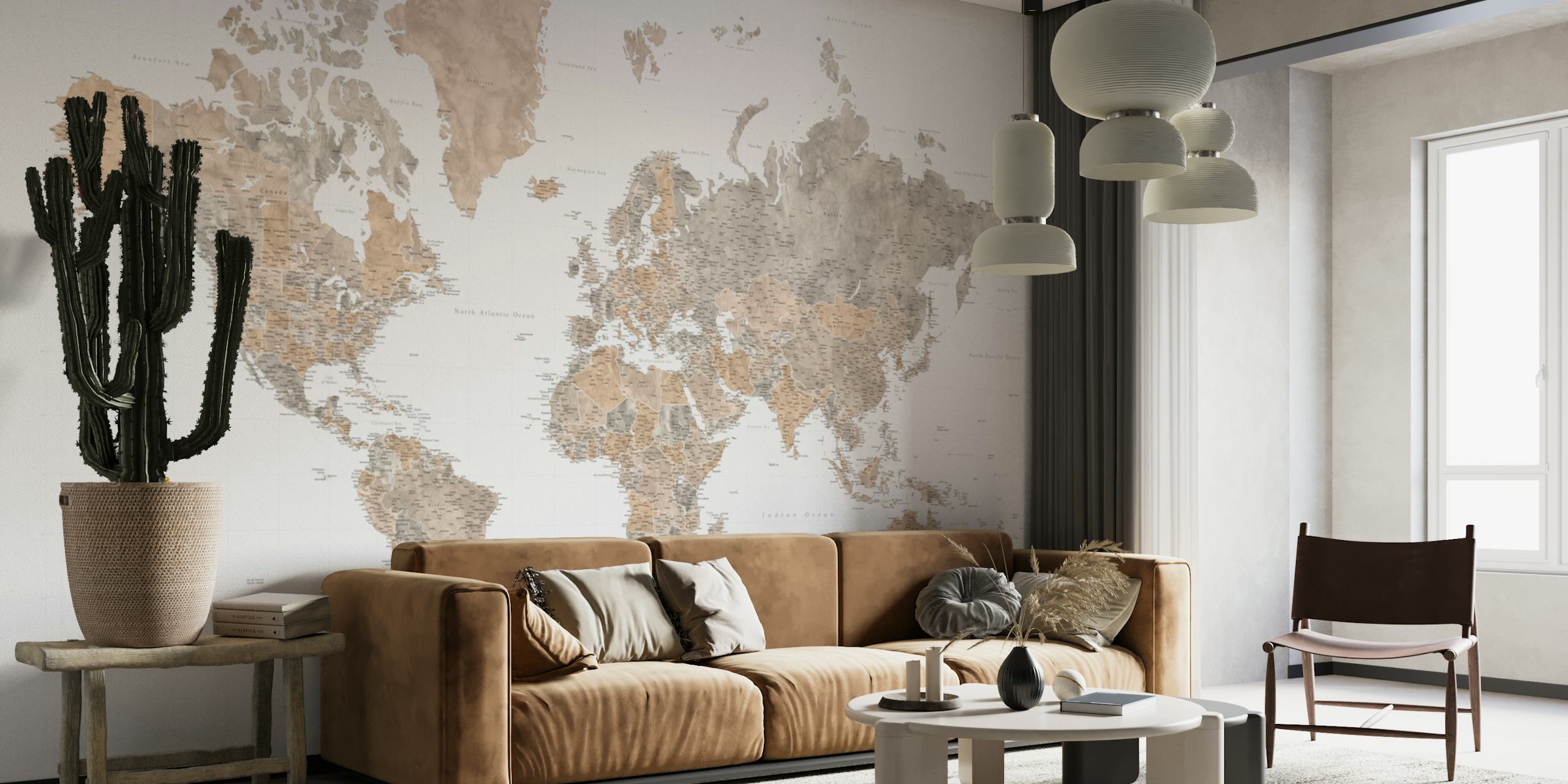 Wanderlust Abbey World Map HD wall mural with sepia and slate tones