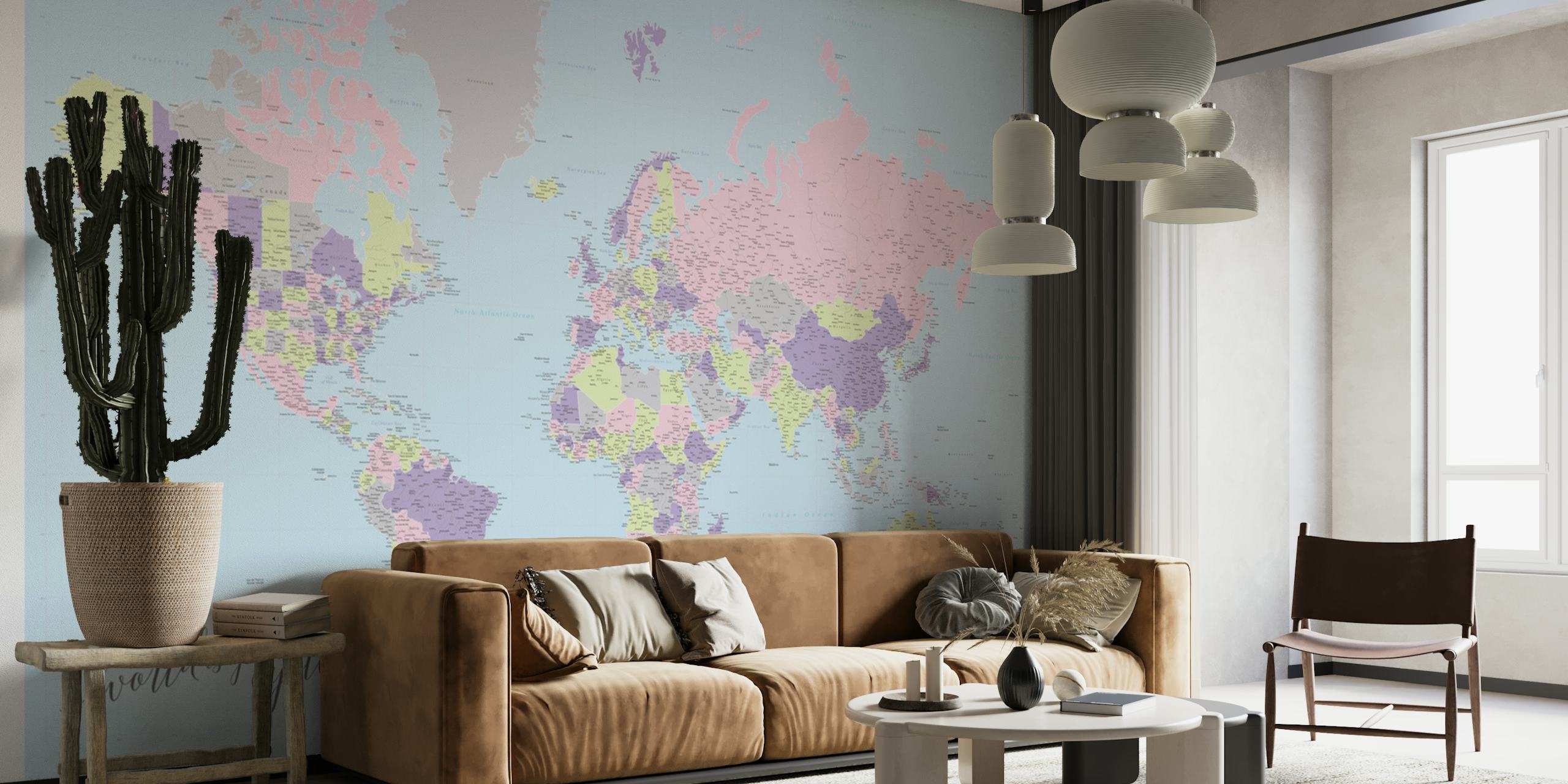 Vintage world map with pink, blue and purple colors wallpaper
