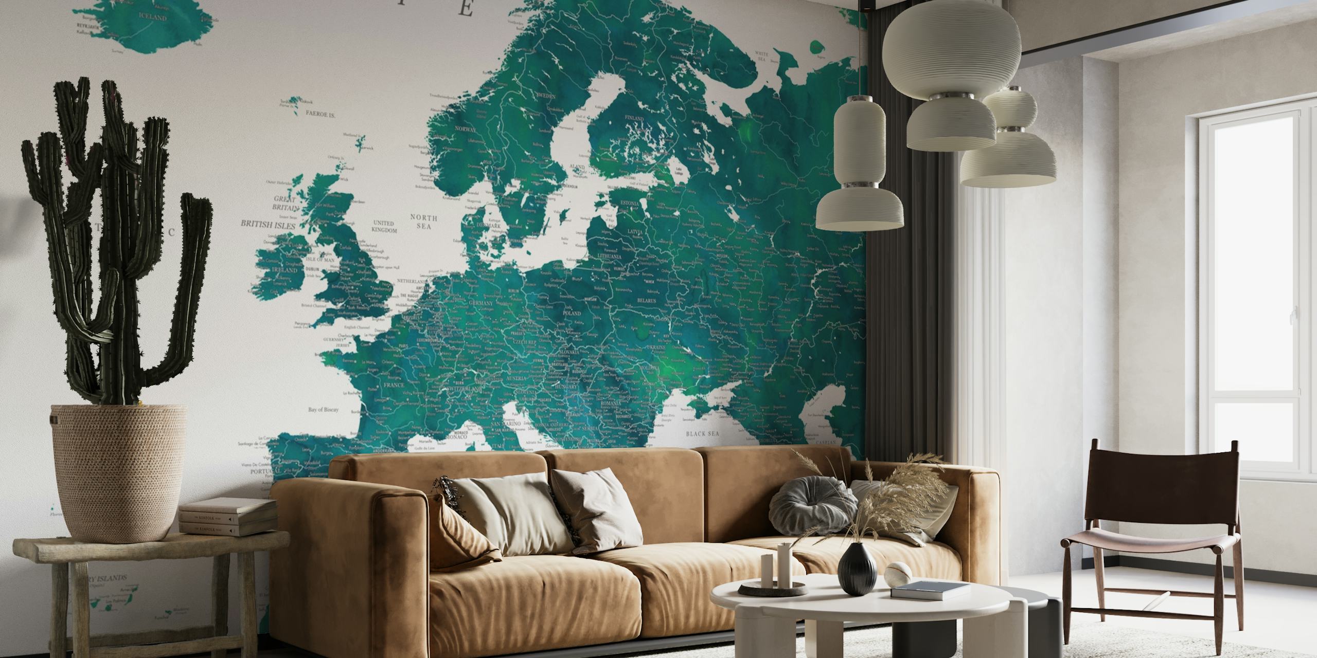 Detaljeret Europa-kort Nyla-vægmaleri med levende farver og geografiske detaljer
