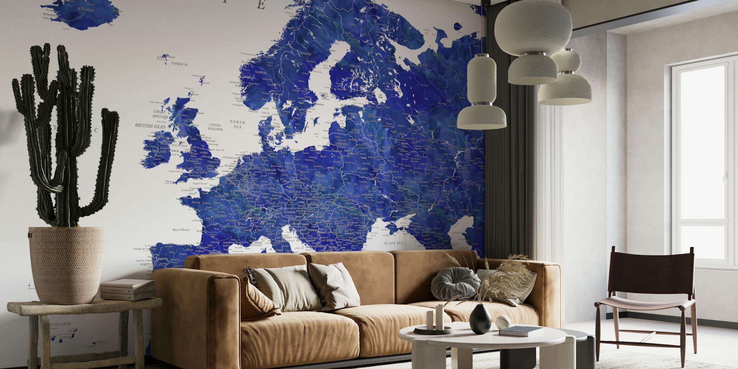Blue detailed Europe map wallpaper showcasing countries and seas