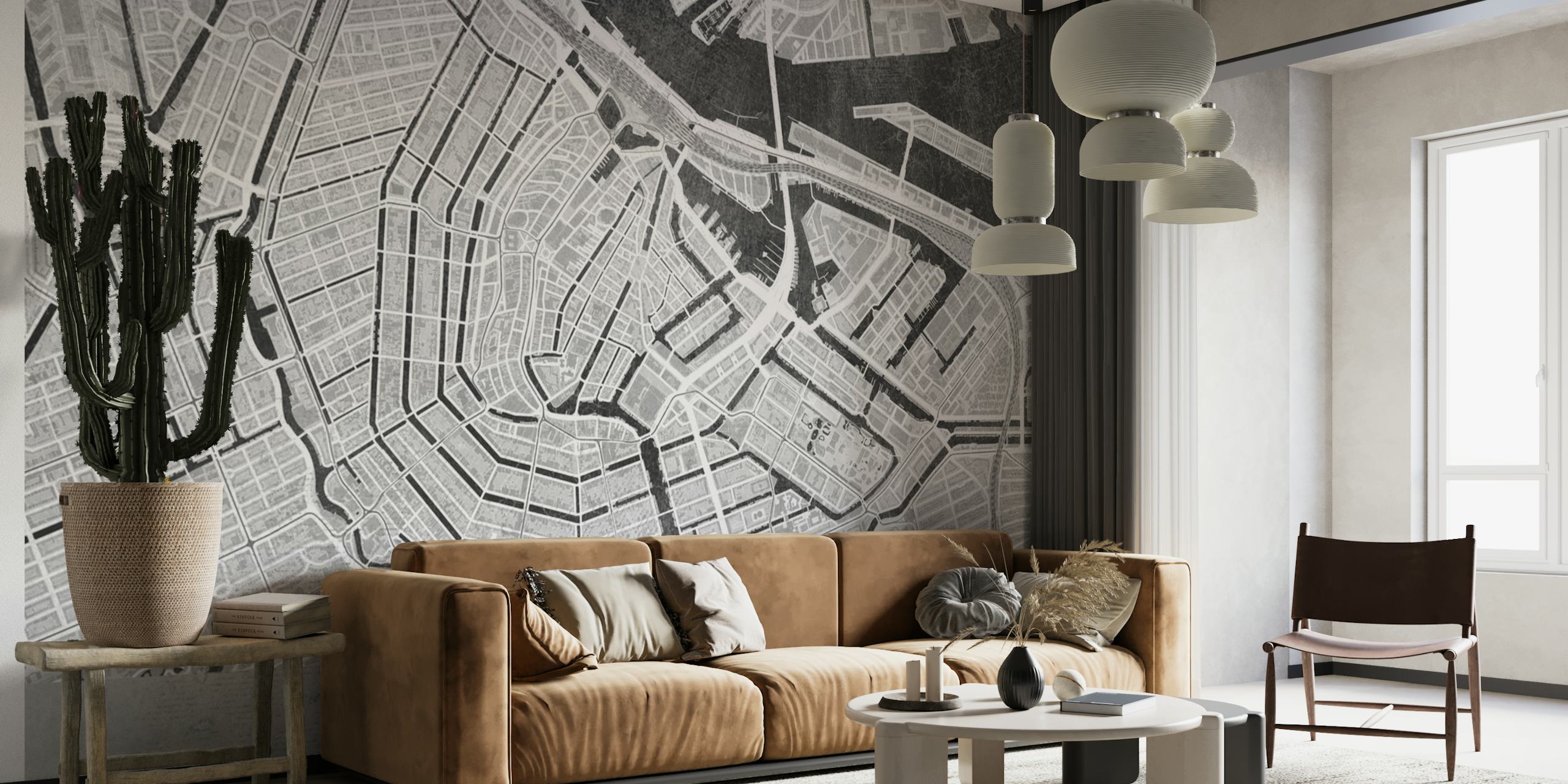 Gray vintage Amsterdam map wallpaper