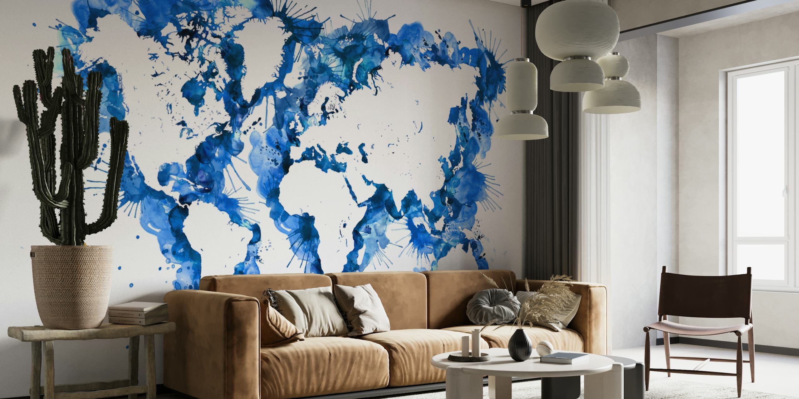 World map in blue watercolor splatters wallpaper
