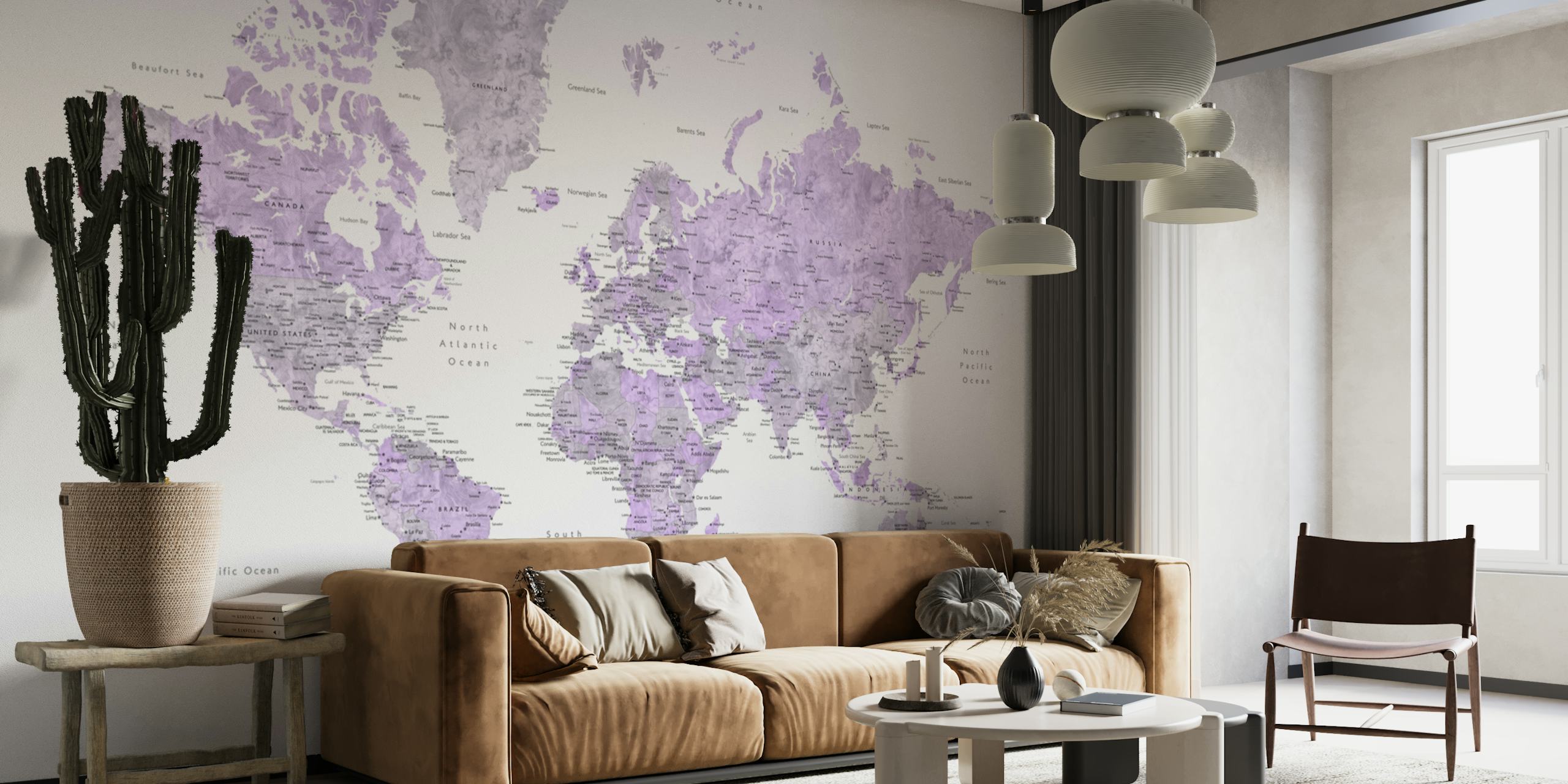 Lavender-hued world map wall mural with marked cities