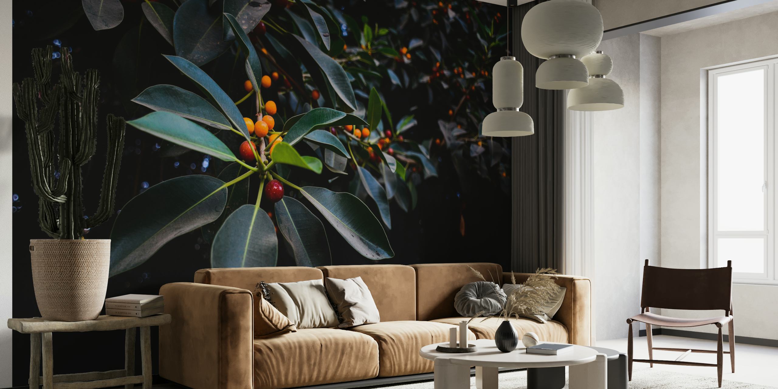 Papel de parede laranja e verde em um ambiente de quarto.