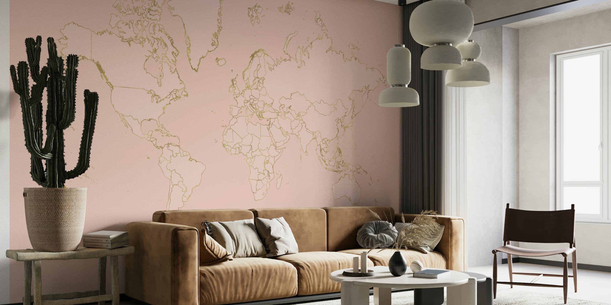 Blush world map with gold outlines wallpaper
