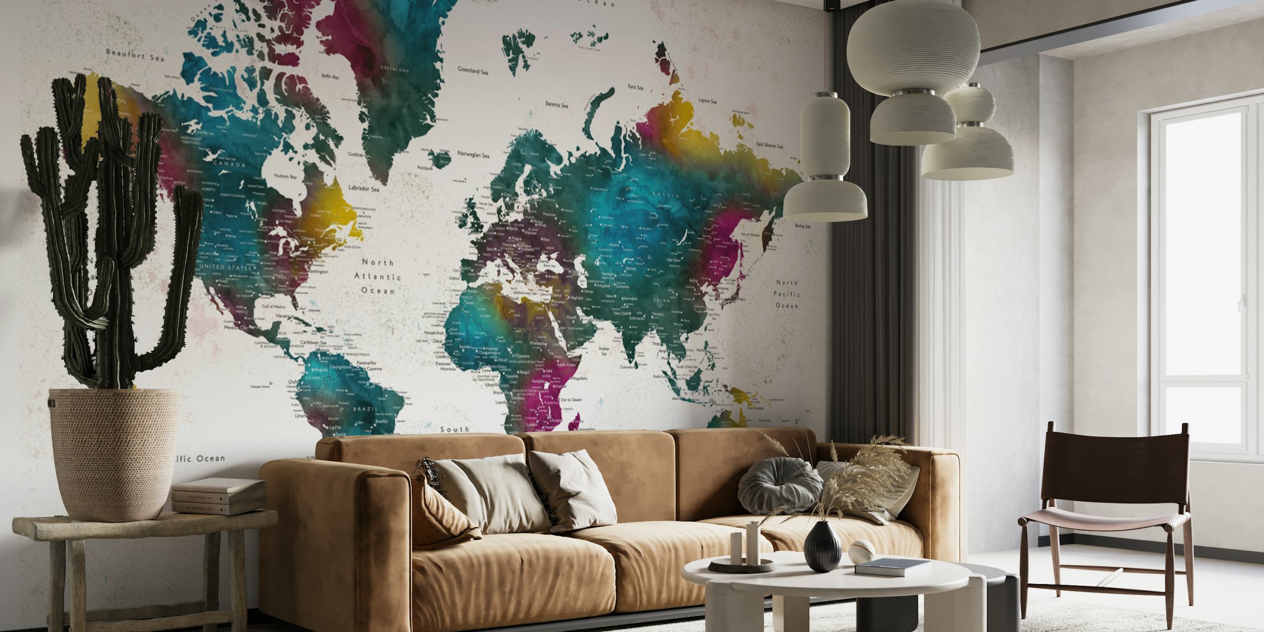 Colorful world map wallpaper in a room