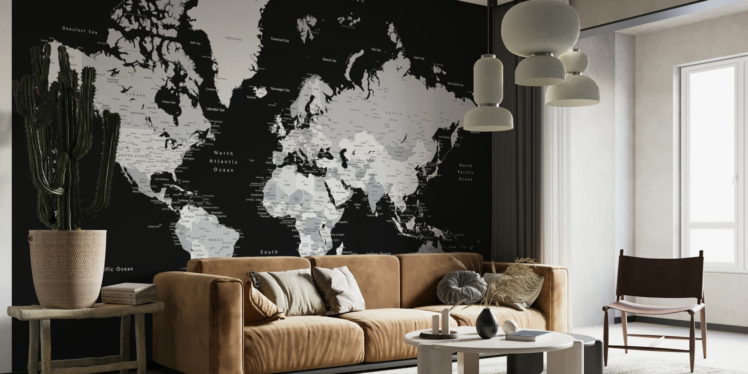 Carta da parati con mappa del mondo in bianco e nero con nomi di città
