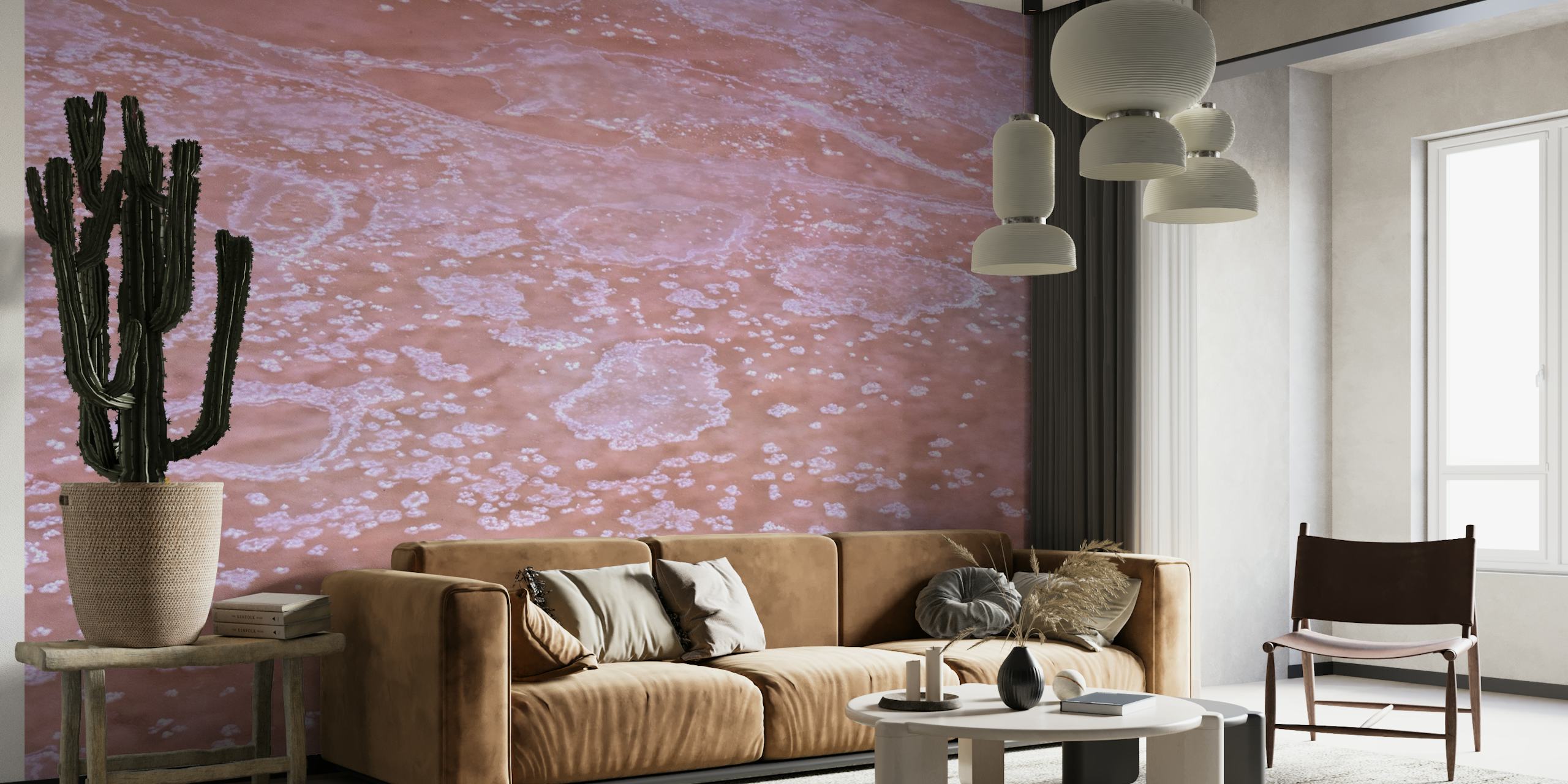 Mural de parede com padrões de sal cristalizado em tons quentes de rosa