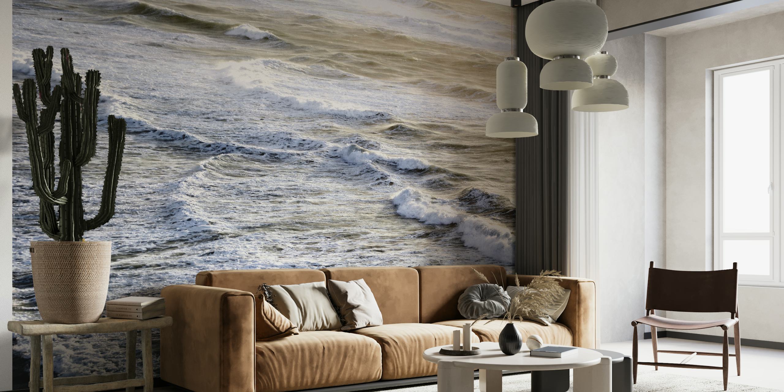 Ocean waves and foam in neutral tones wall mural