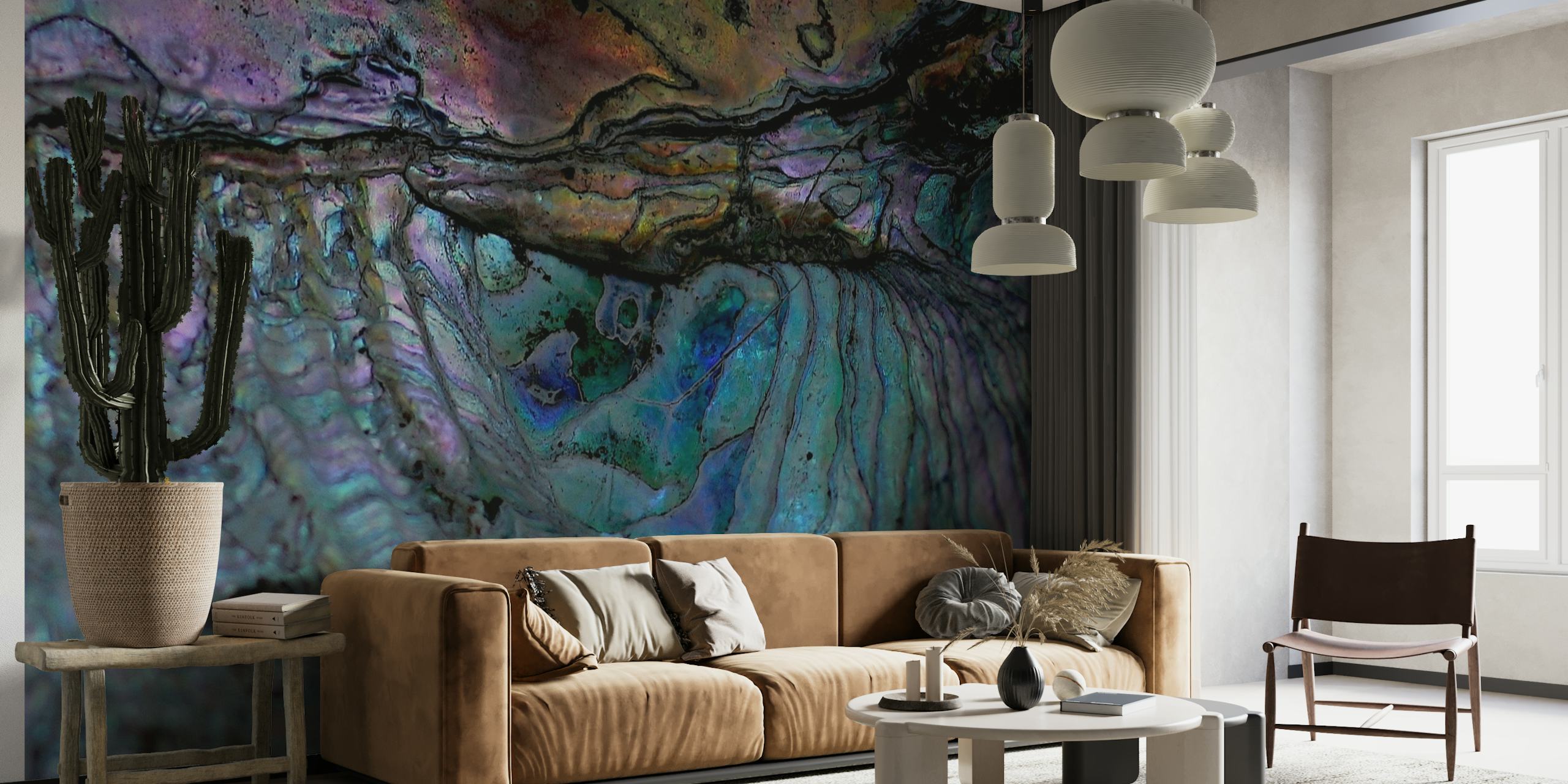 Abstract wall mural depicting the scene of an alligator catching an eel with vibrant colors.