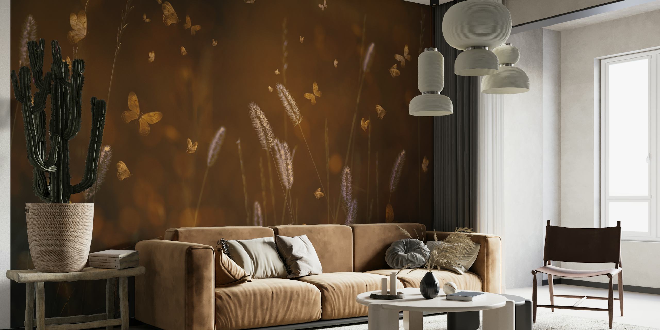 Butterfly pattern with warm brown tones in floral style wallpaper