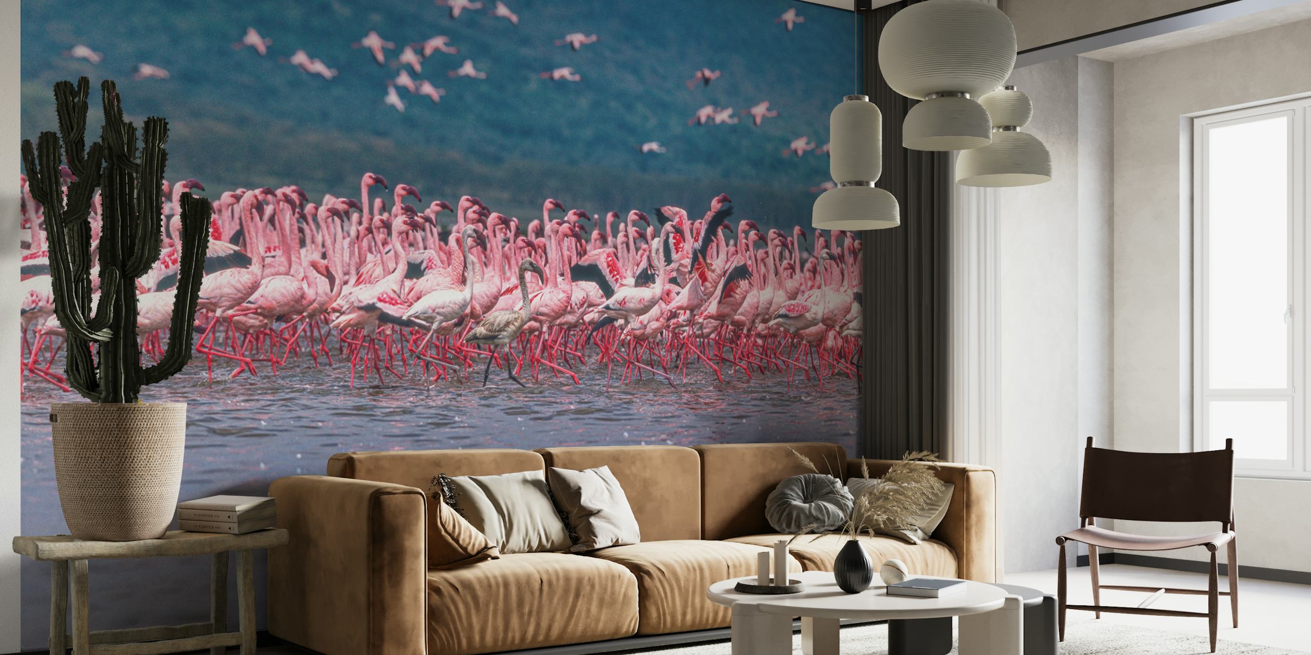 Flamingos in pink hues with a natural background wall mural