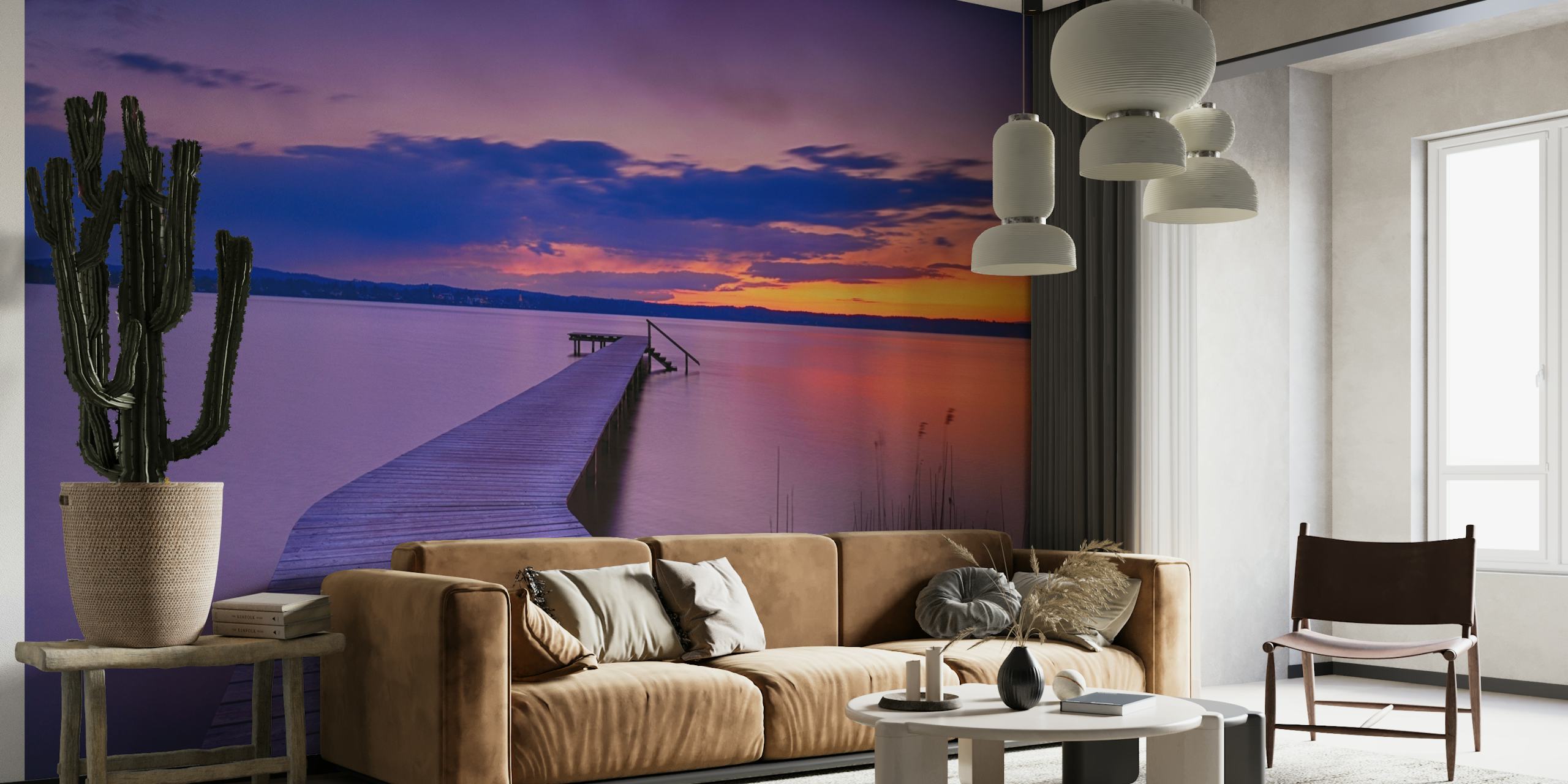 Sunset lake view with wooden dock wall mural