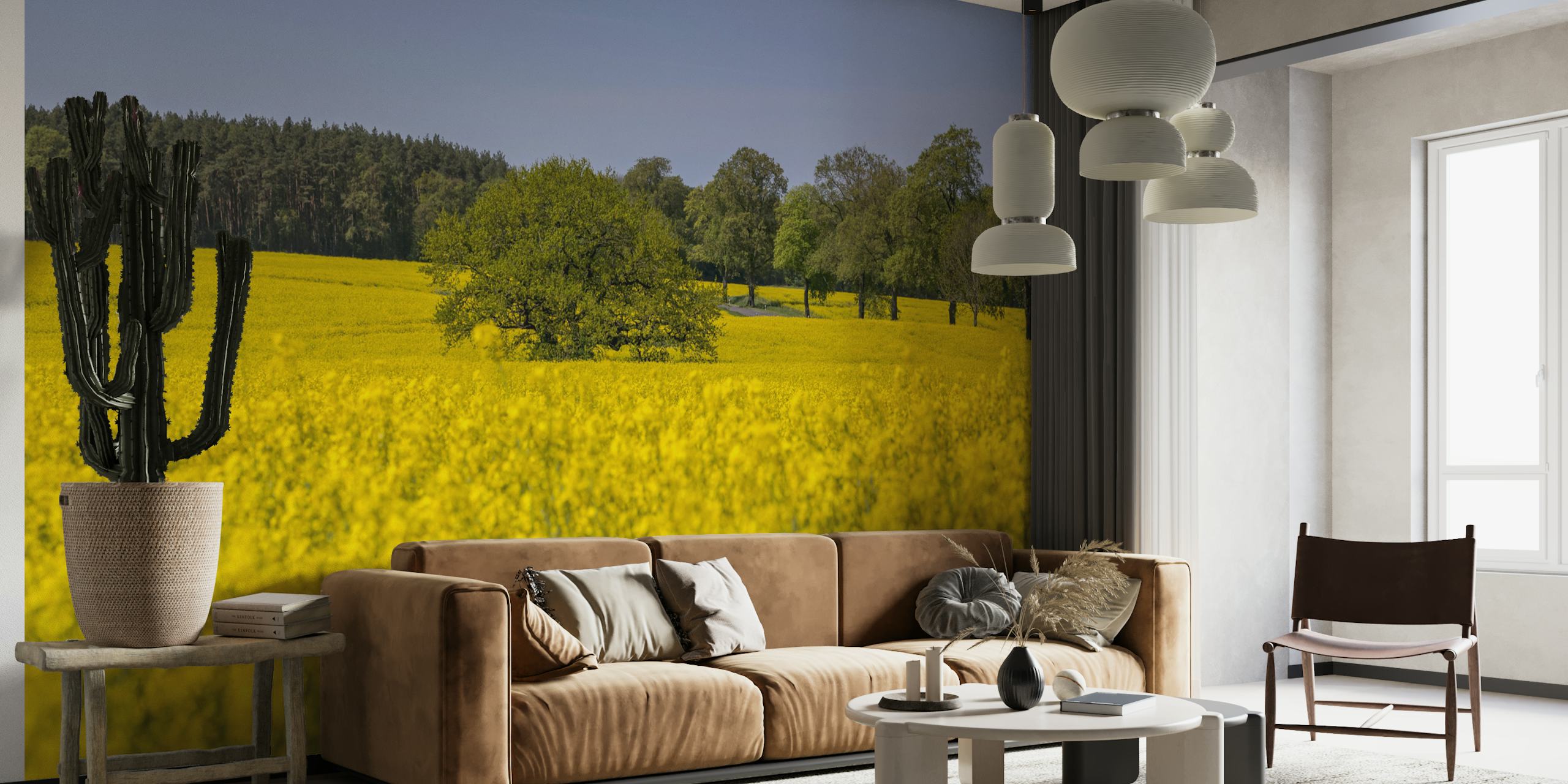 Yellow flowering rapeseed field with greenery wallpaper