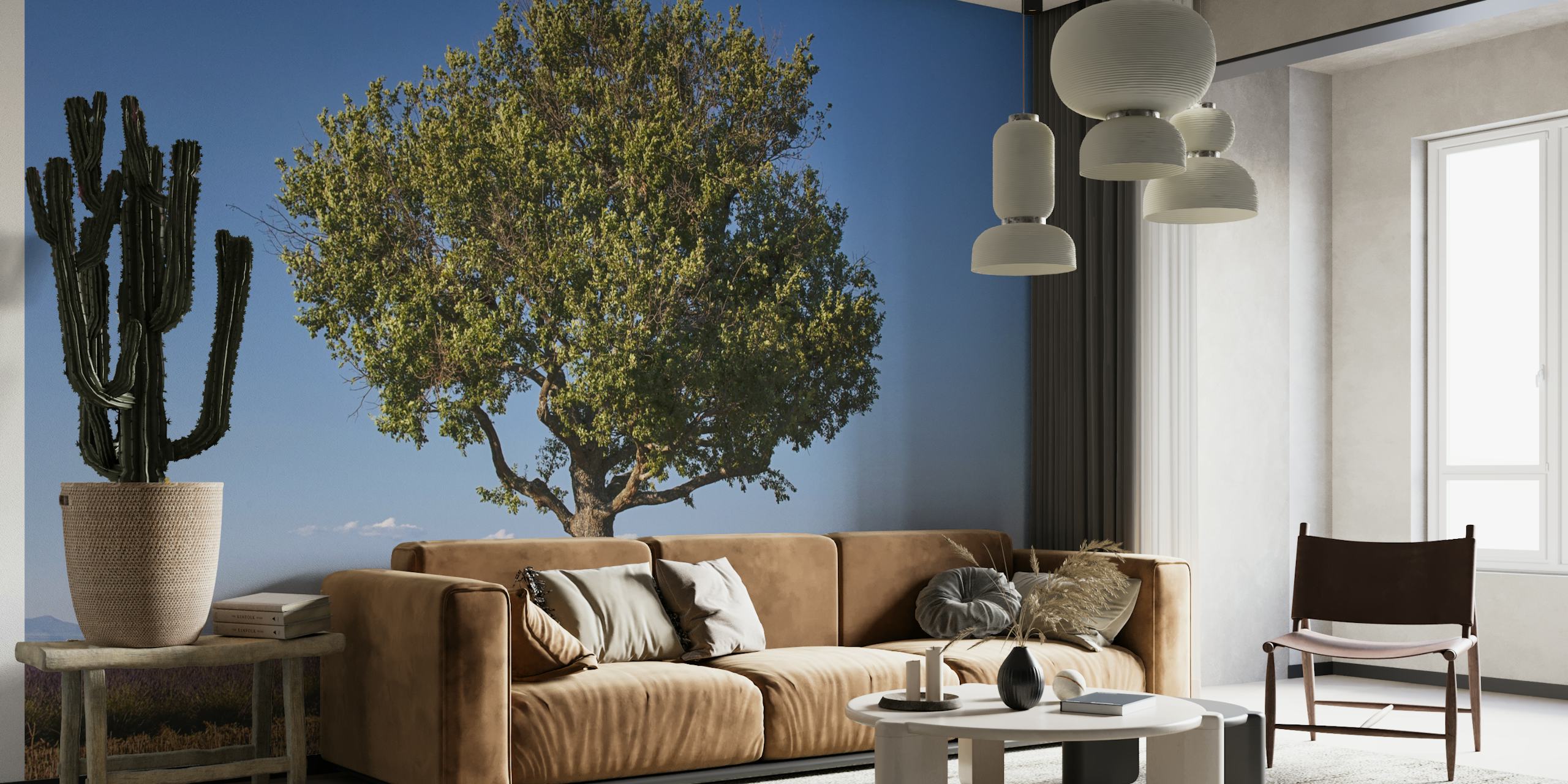 A tranquil wall mural depicting a solitary tree in a lavender field with a clear blue sky in Provence.