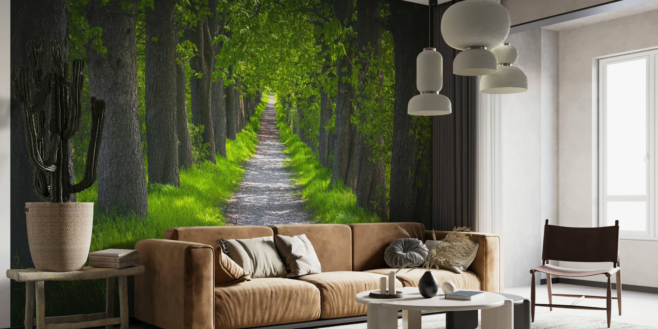 Chestnut Avenue wall mural with lush green trees and a sunlit path