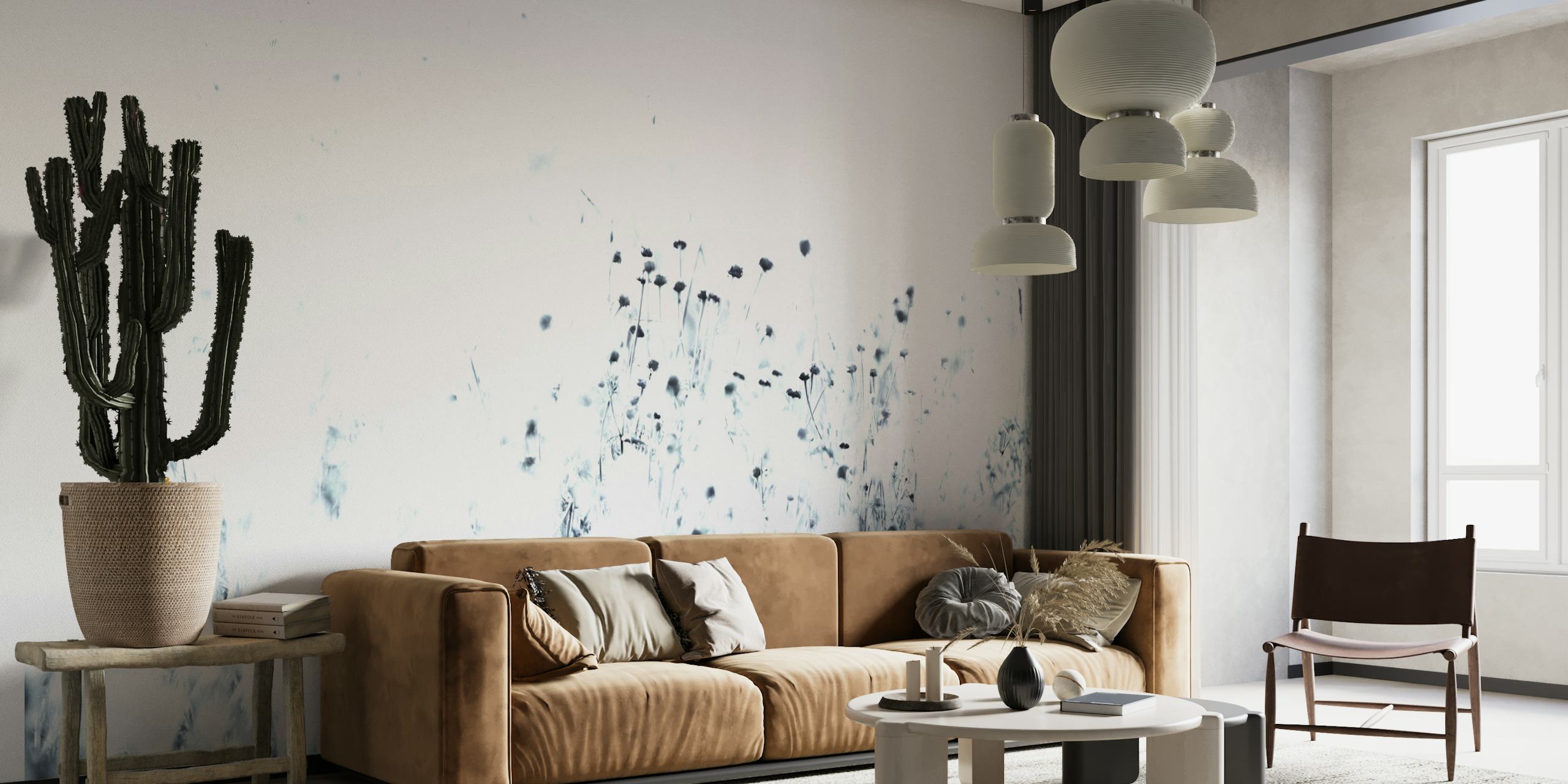 Minimalist Syrian Thistle Wall Mural with White Background and Black Spots