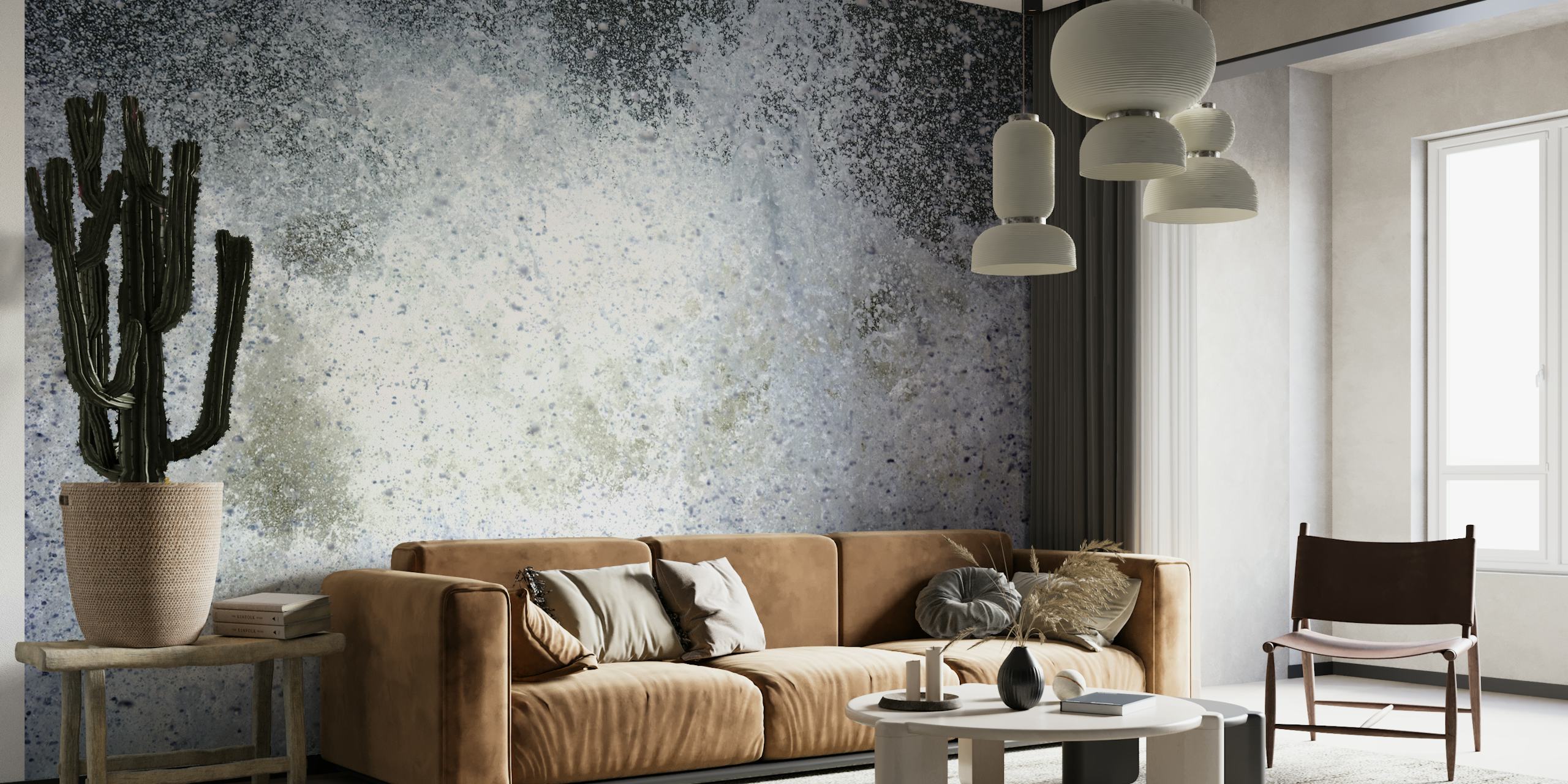 Abstract fotobehang met explosieachtig patroon in grijstinten en kleuraccenten, getiteld 'Implosion I'