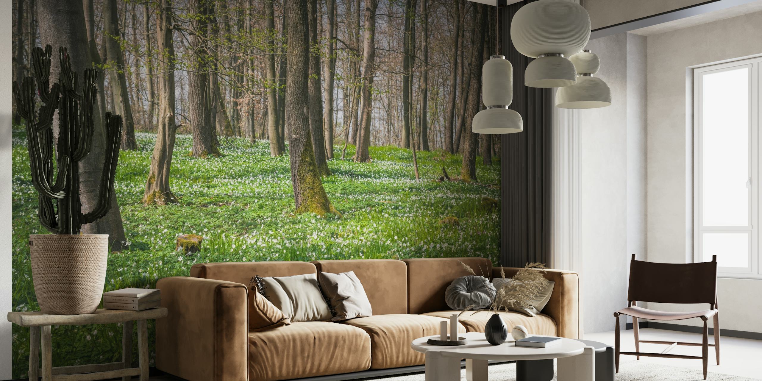 Forest wall mural with wood anemones covering the ground, bringing a touch of spring to your room.