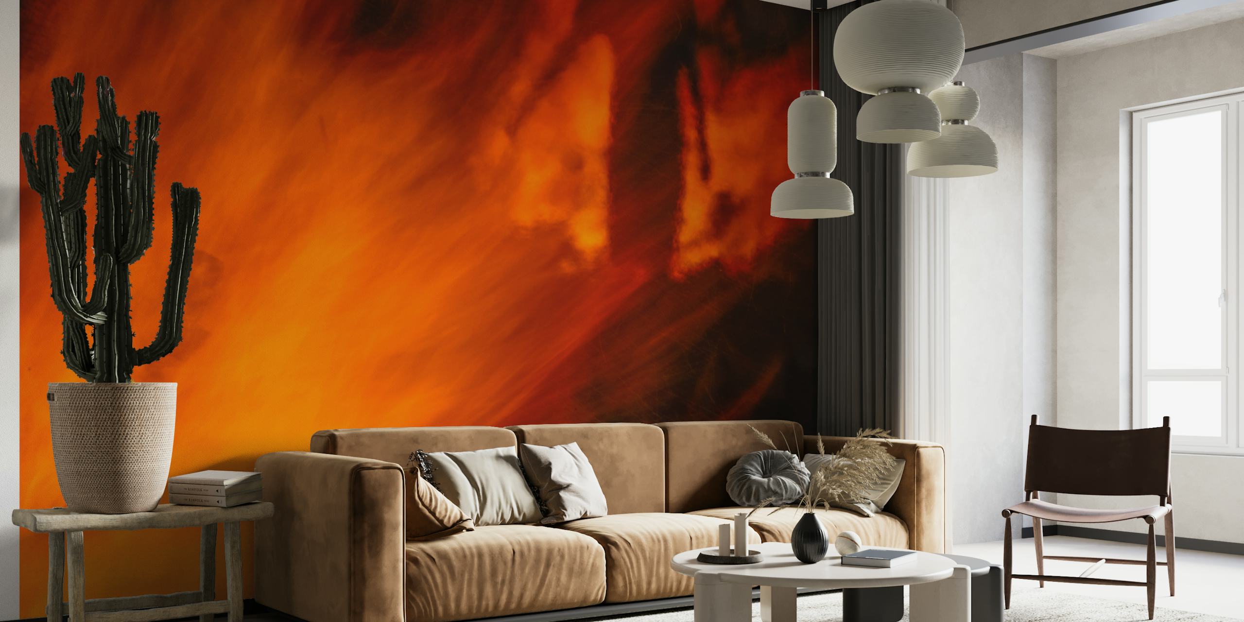 A wall mural with vibrant red and orange flames resembling the festive fires of Lag BaOmer